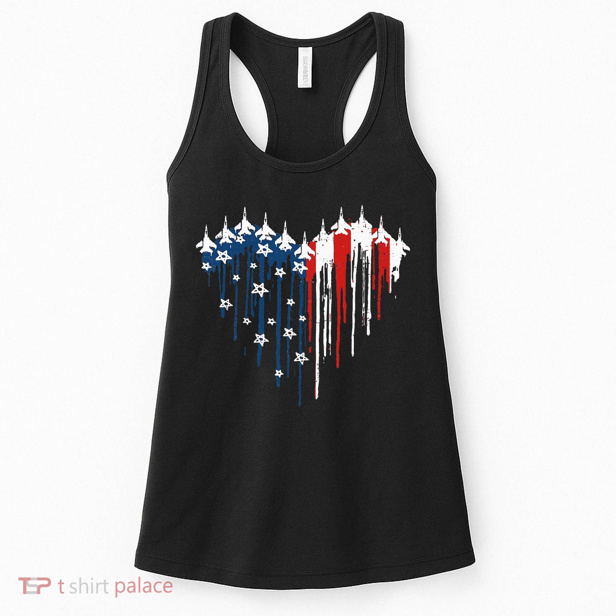 Fighter Jet Airplane American Flag Heart Women's Tank Top