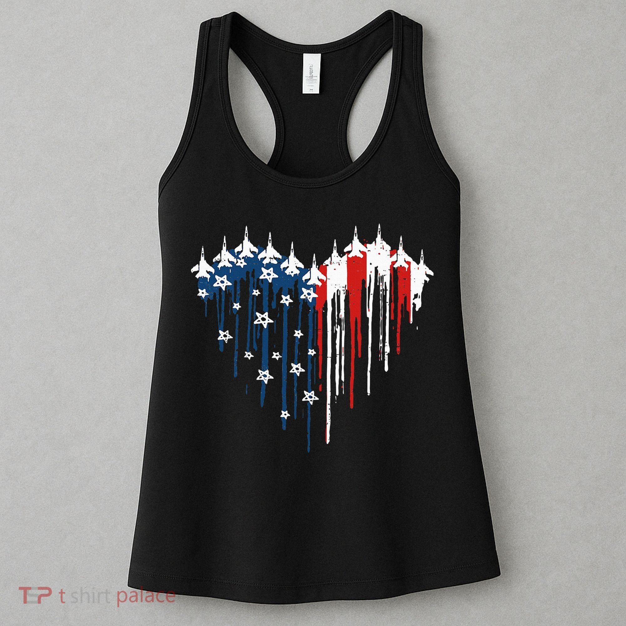 Fighter Jet Airplane American Flag Heart Women's Tank Top
