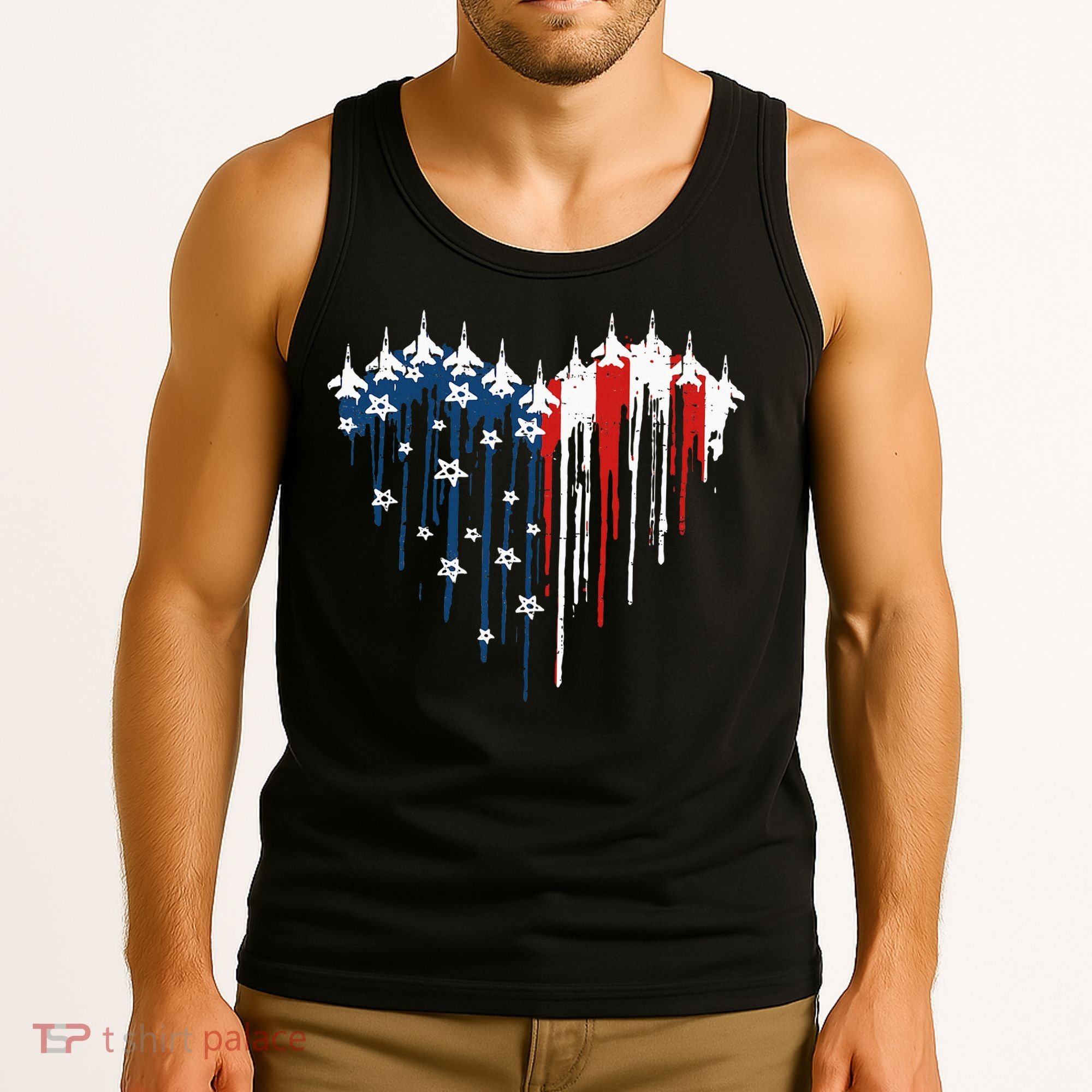 Fighter Jet Airplane American Flag Heart Tank Top