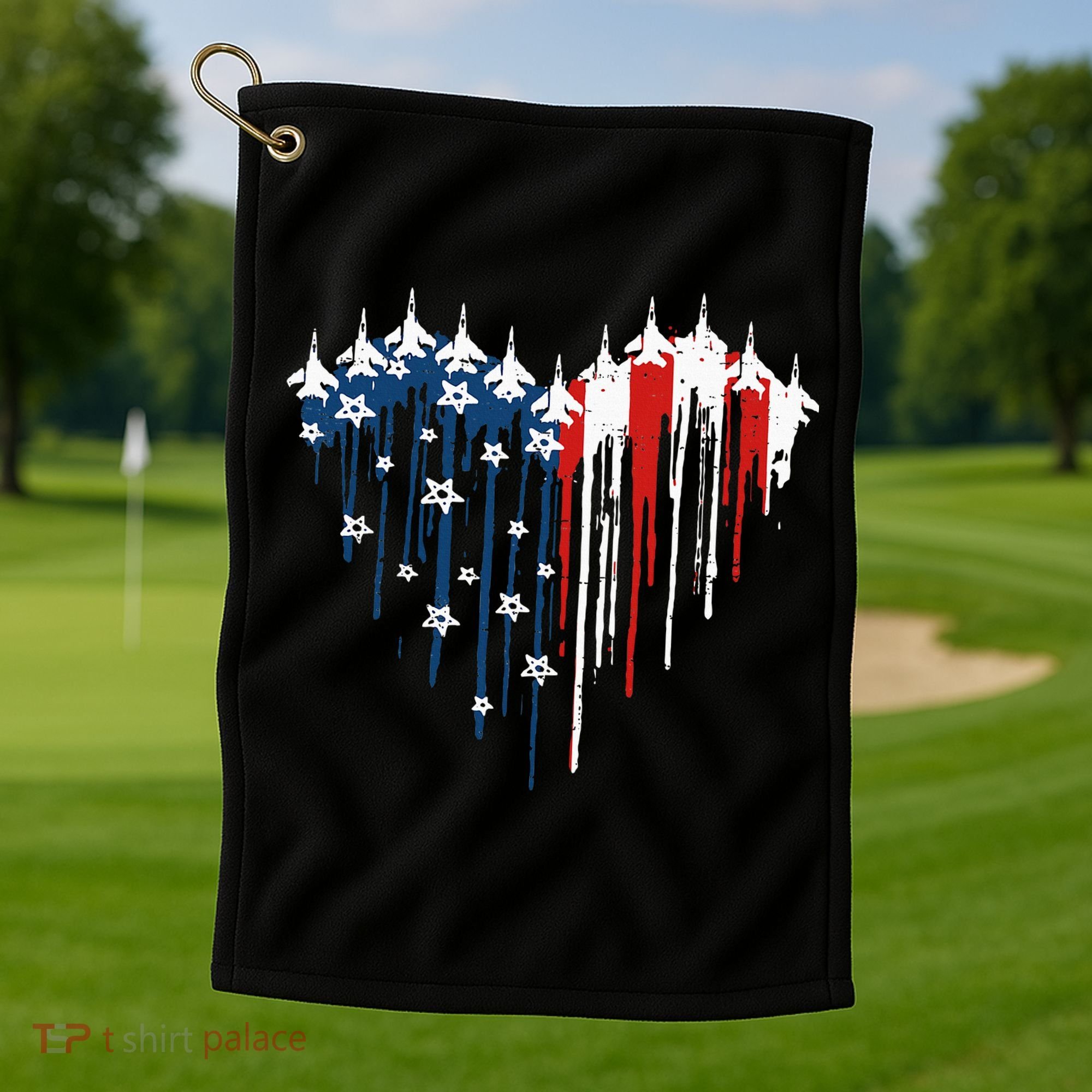 Fighter Jet Airplane American Flag Heart Golf Towel