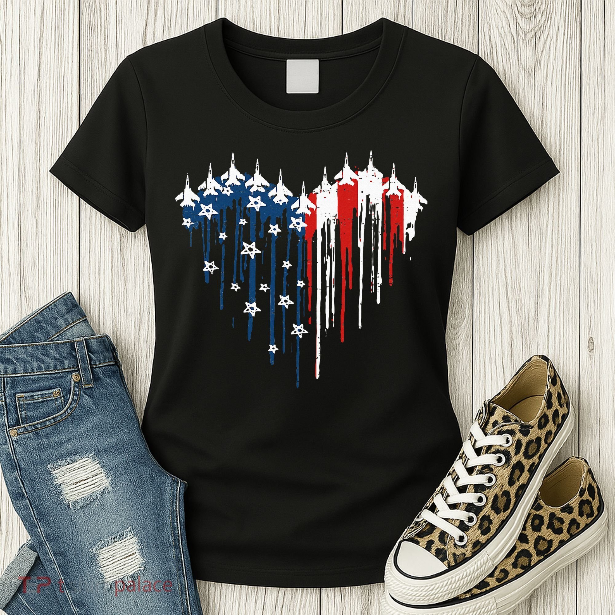 Fighter Jet Airplane American Flag Heart Women's T-Shirt