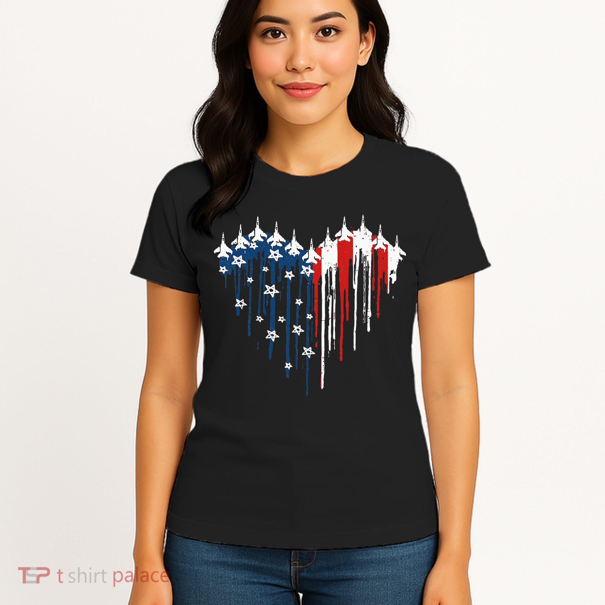 Fighter Jet Airplane American Flag Heart Women's T-Shirt