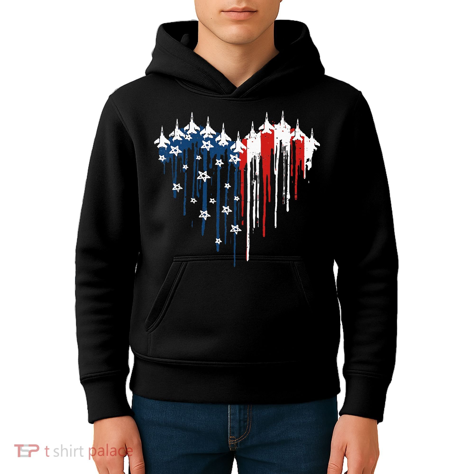 Fighter Jet Airplane American Flag Heart Kids Hoodie