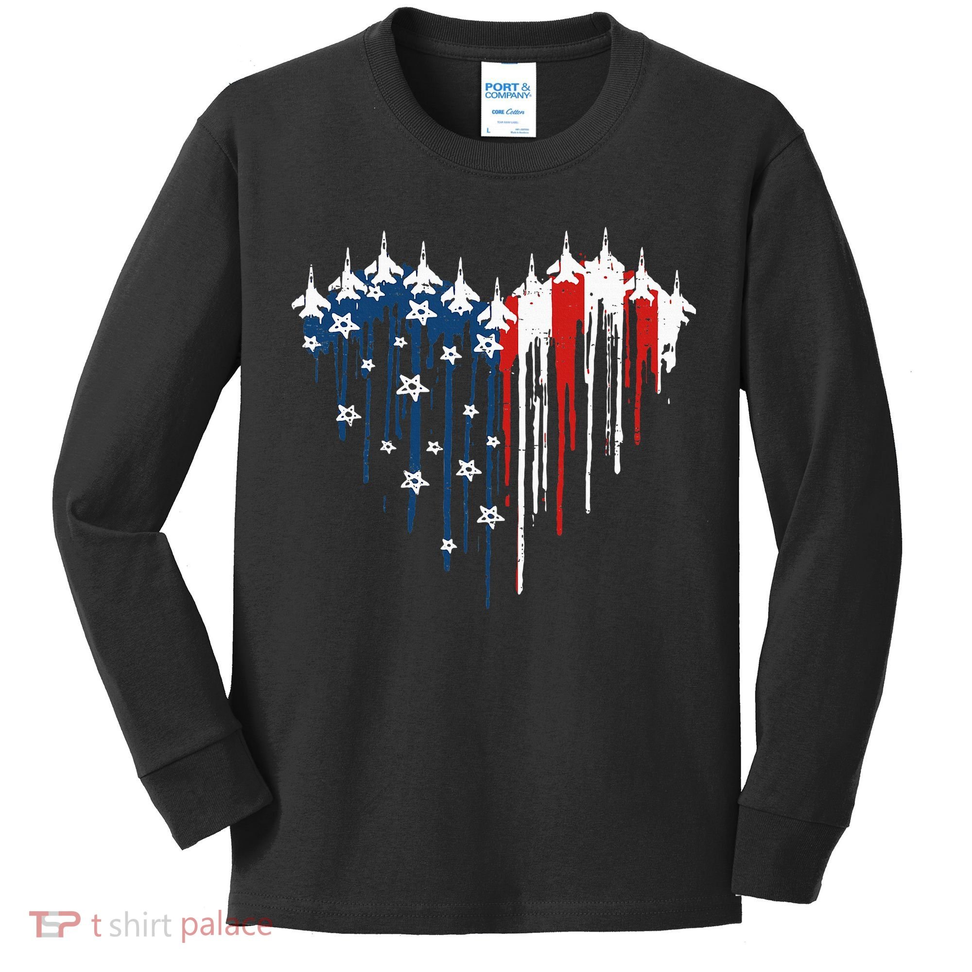 Fighter Jet Airplane American Flag Heart Kids Long Sleeve Shirt