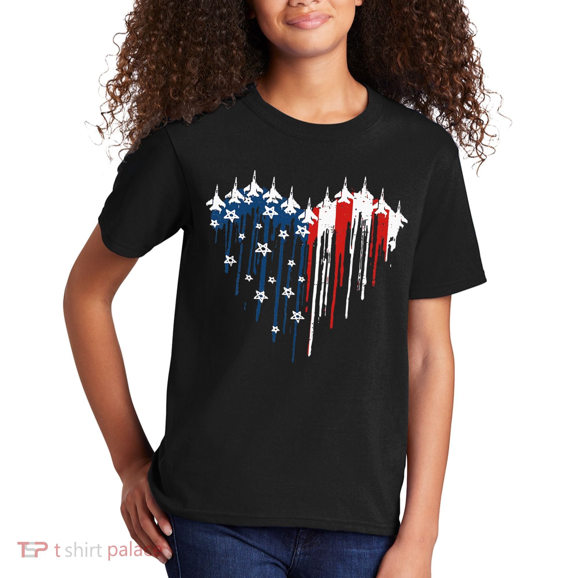 Fighter Jet Airplane American Flag Heart Kids T-Shirt
