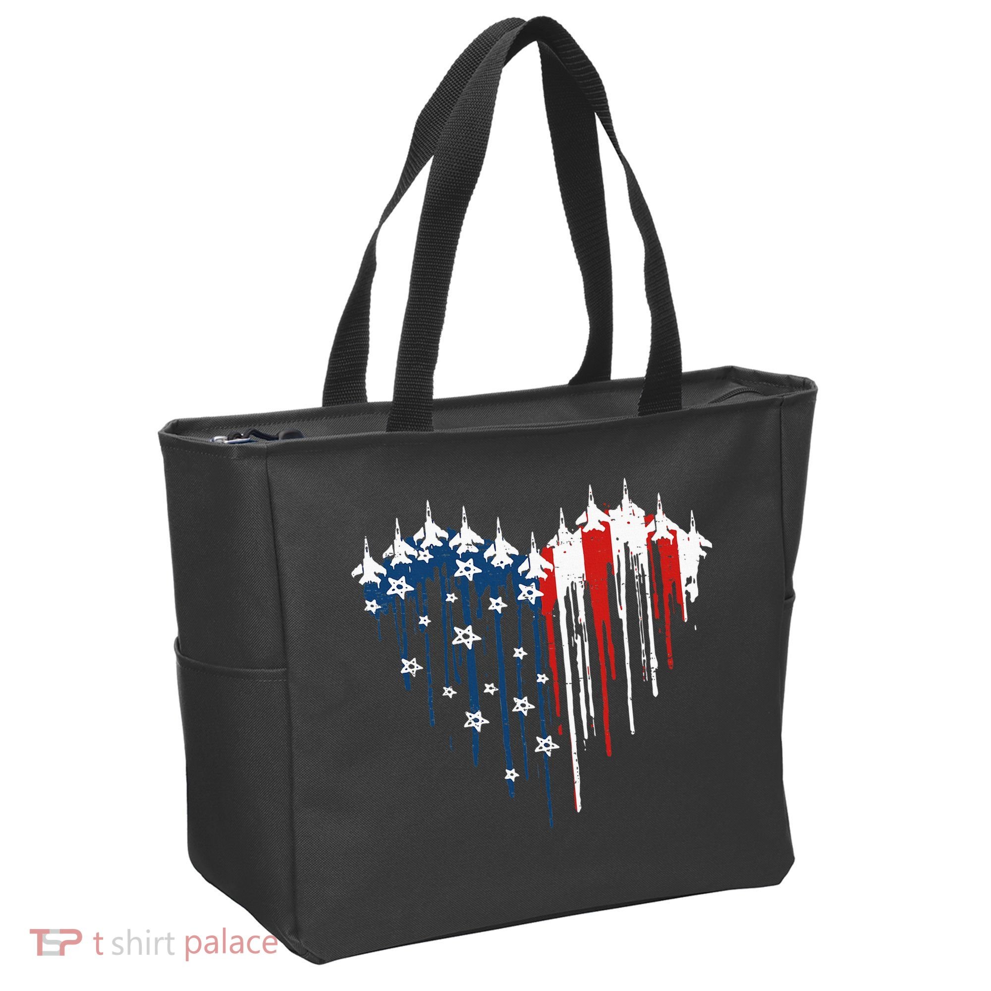 Fighter Jet Airplane American Flag Heart Tote Bag