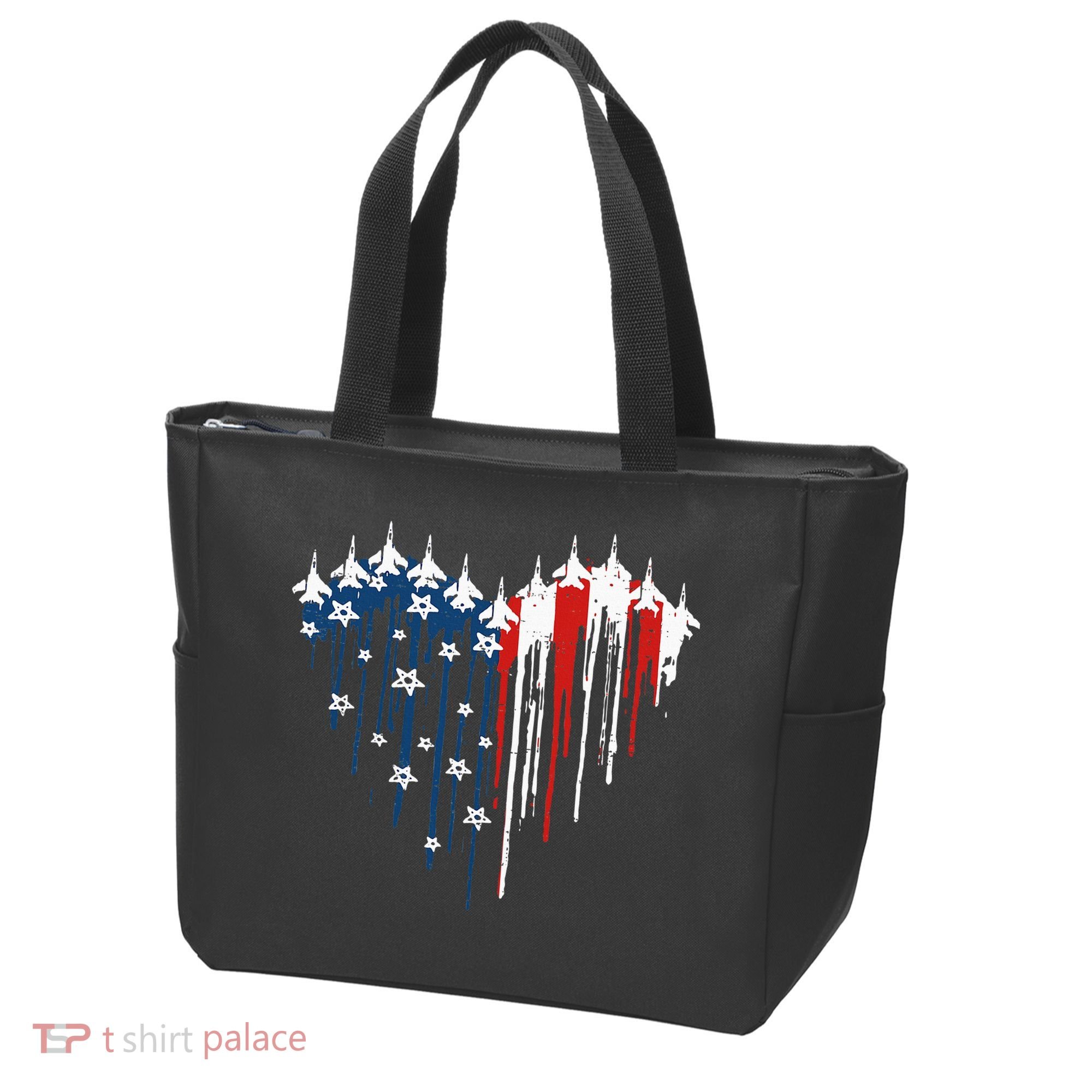 Fighter Jet Airplane American Flag Heart Tote Bag