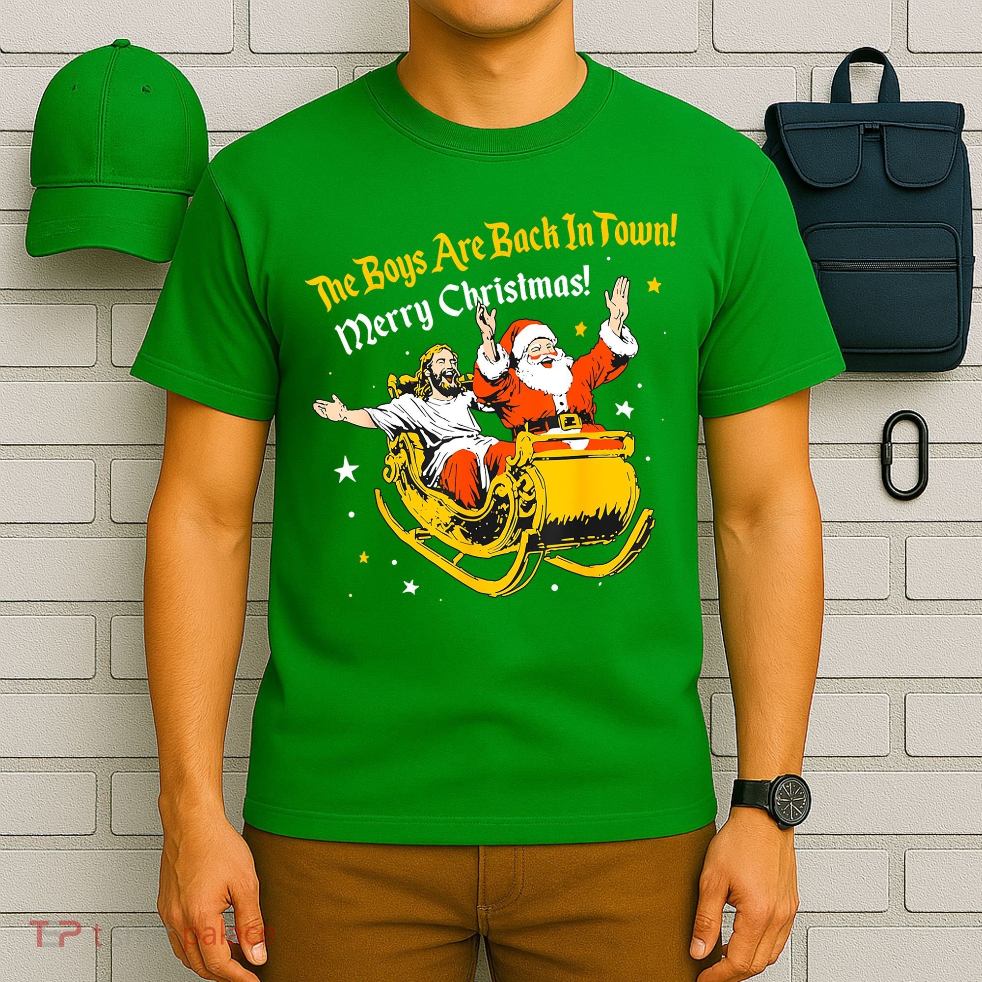 Funny Jesus And Santa Claus The Boy Are Back In A Town Xmas Gift T-Shirt