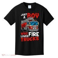 Firefighter Just A Boy Who Loves Fire Trucks Kids T-Shirt thumb 0