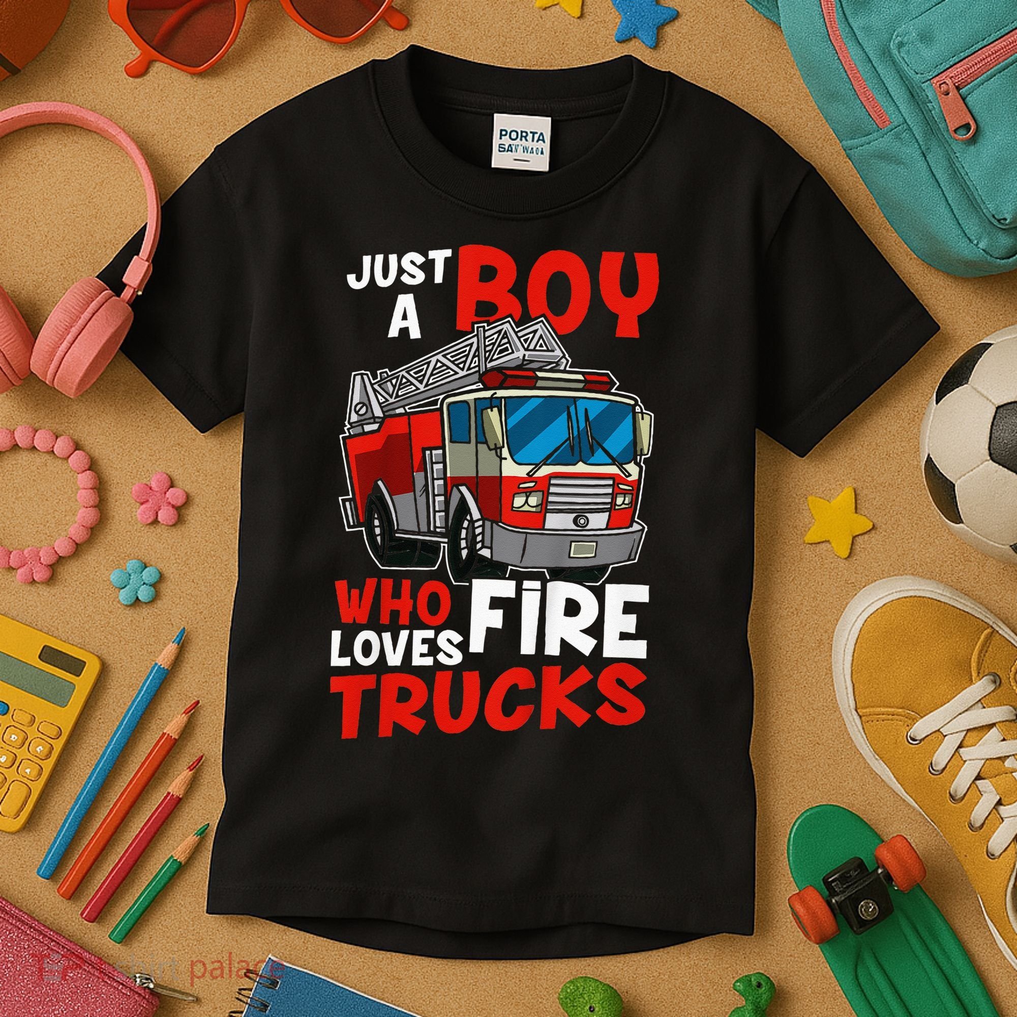 Firefighter Just A Boy Who Loves Fire Trucks Kids T-Shirt