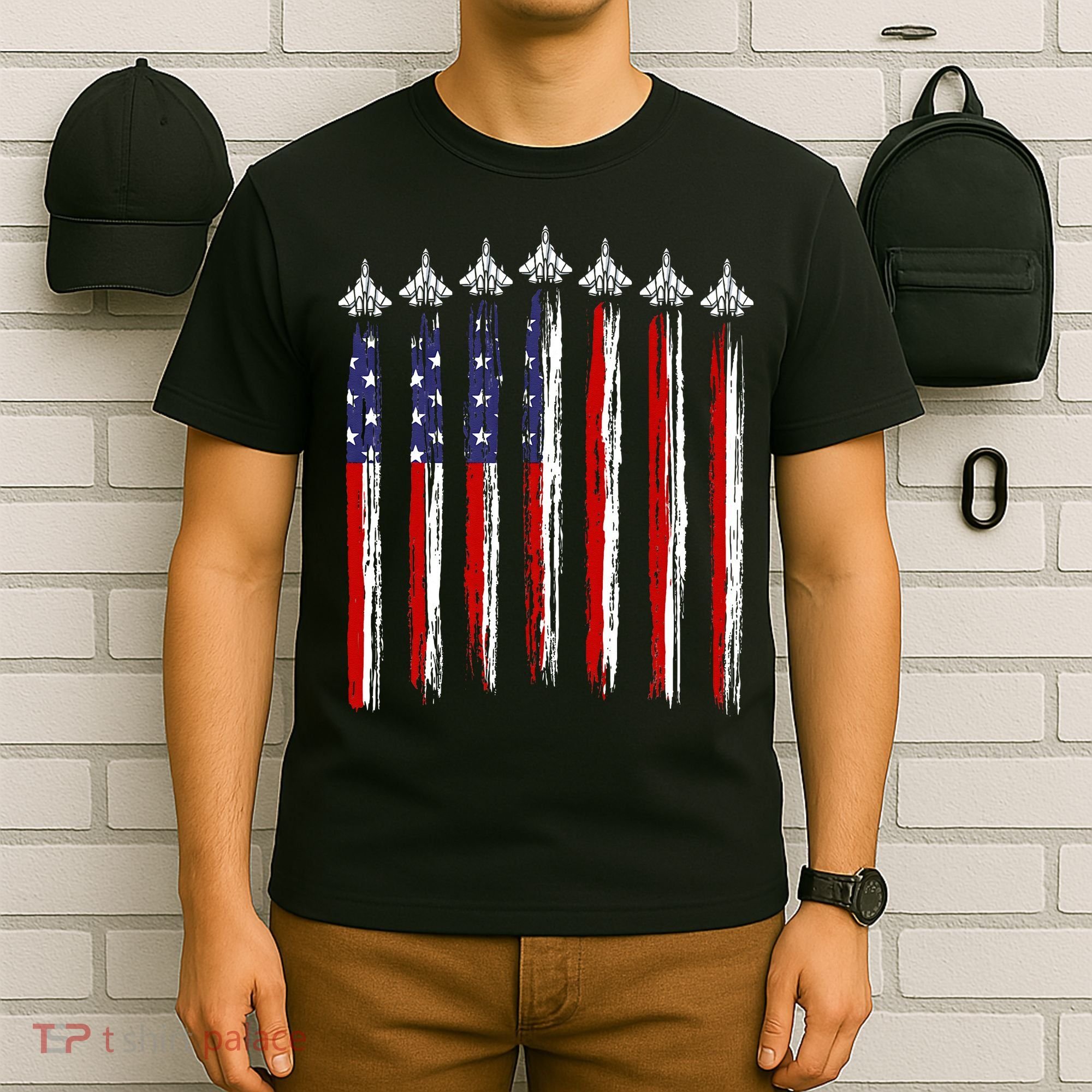 Fighter Jet Airplane USA Flag 4th Of July Patriotic T-Shirt