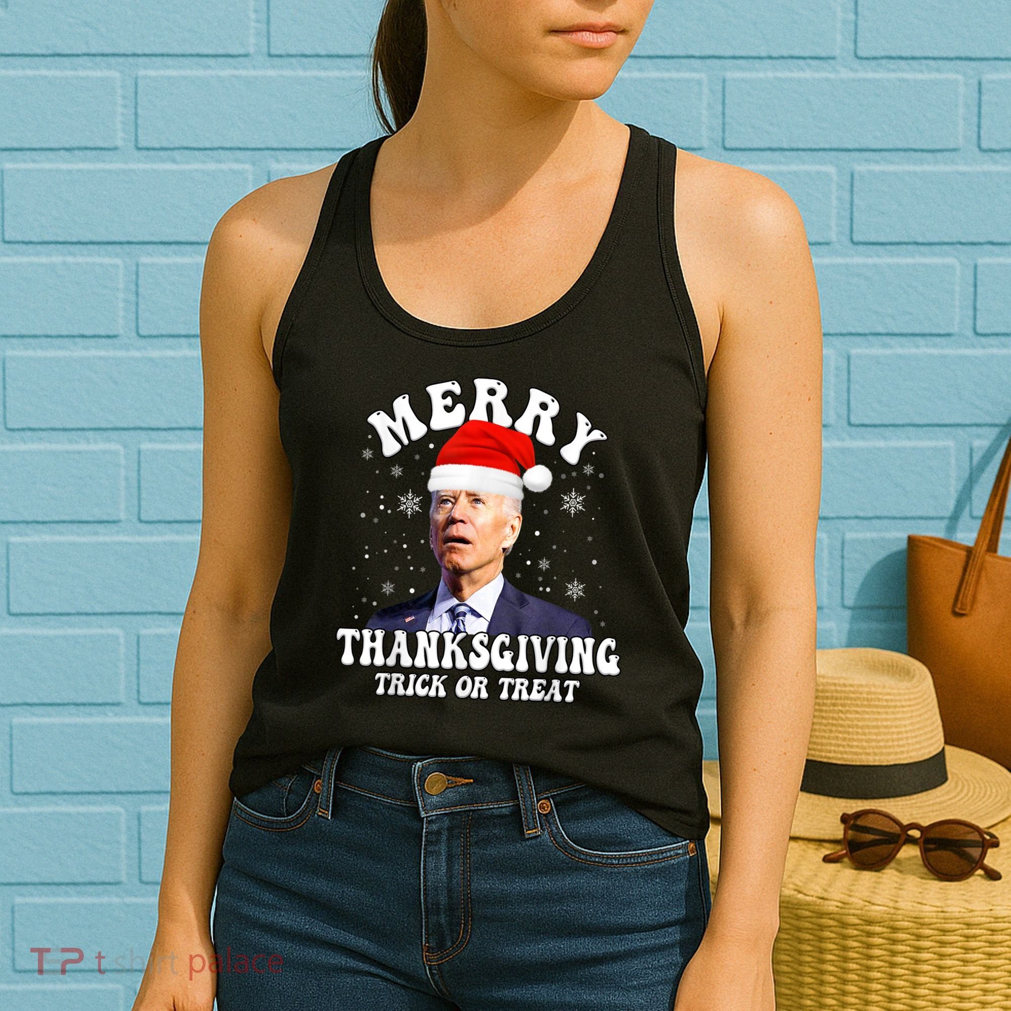 Funny Joe Biden Merry Thanksgiving Trick Or Treat Christmas Women's Tank Top