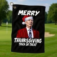 Funny Joe Biden Merry Thanksgiving Trick Or Treat Golf Towel thumb 1