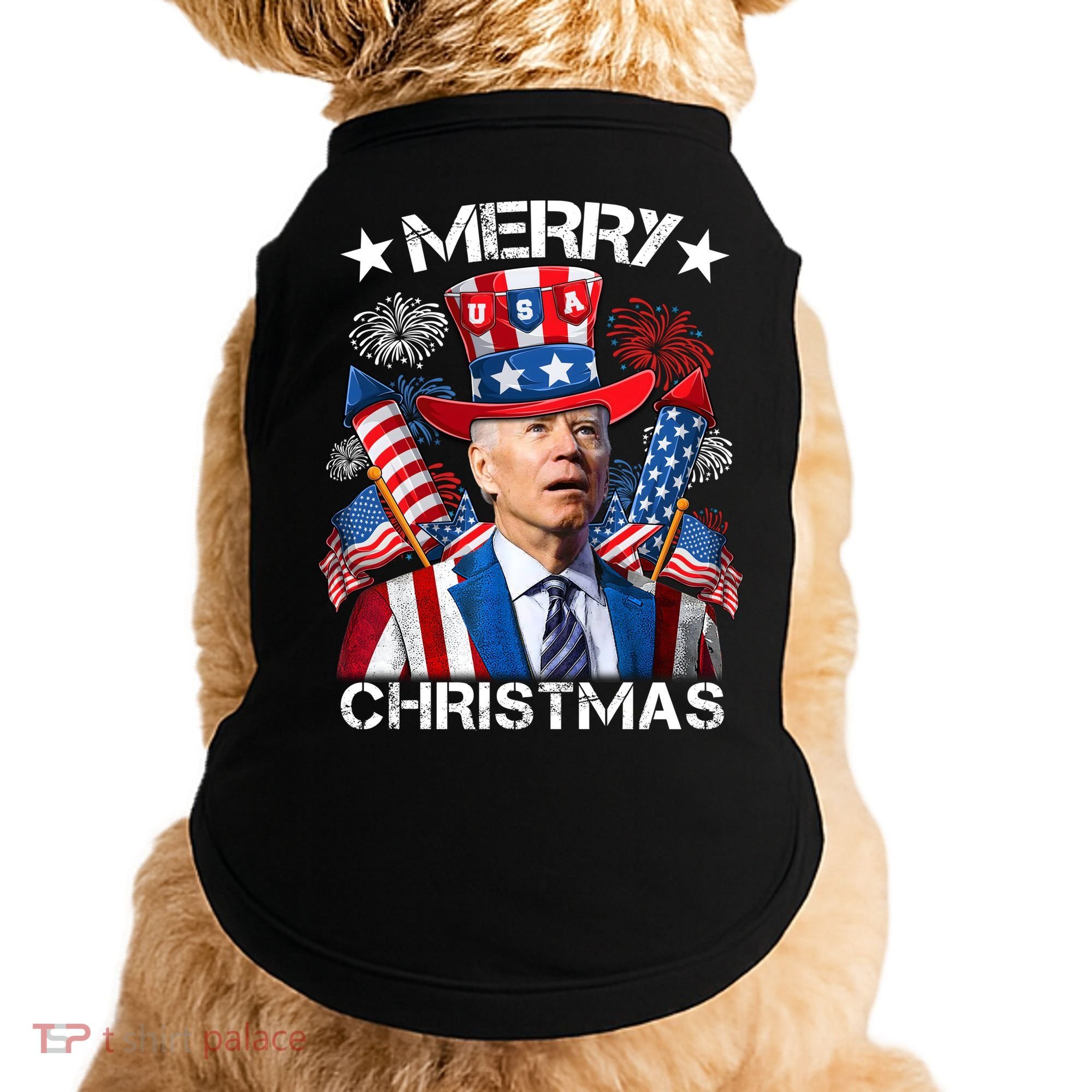 Funny Joe Biden 4th Of July Merry Christmas Firework USA Doggie Tank