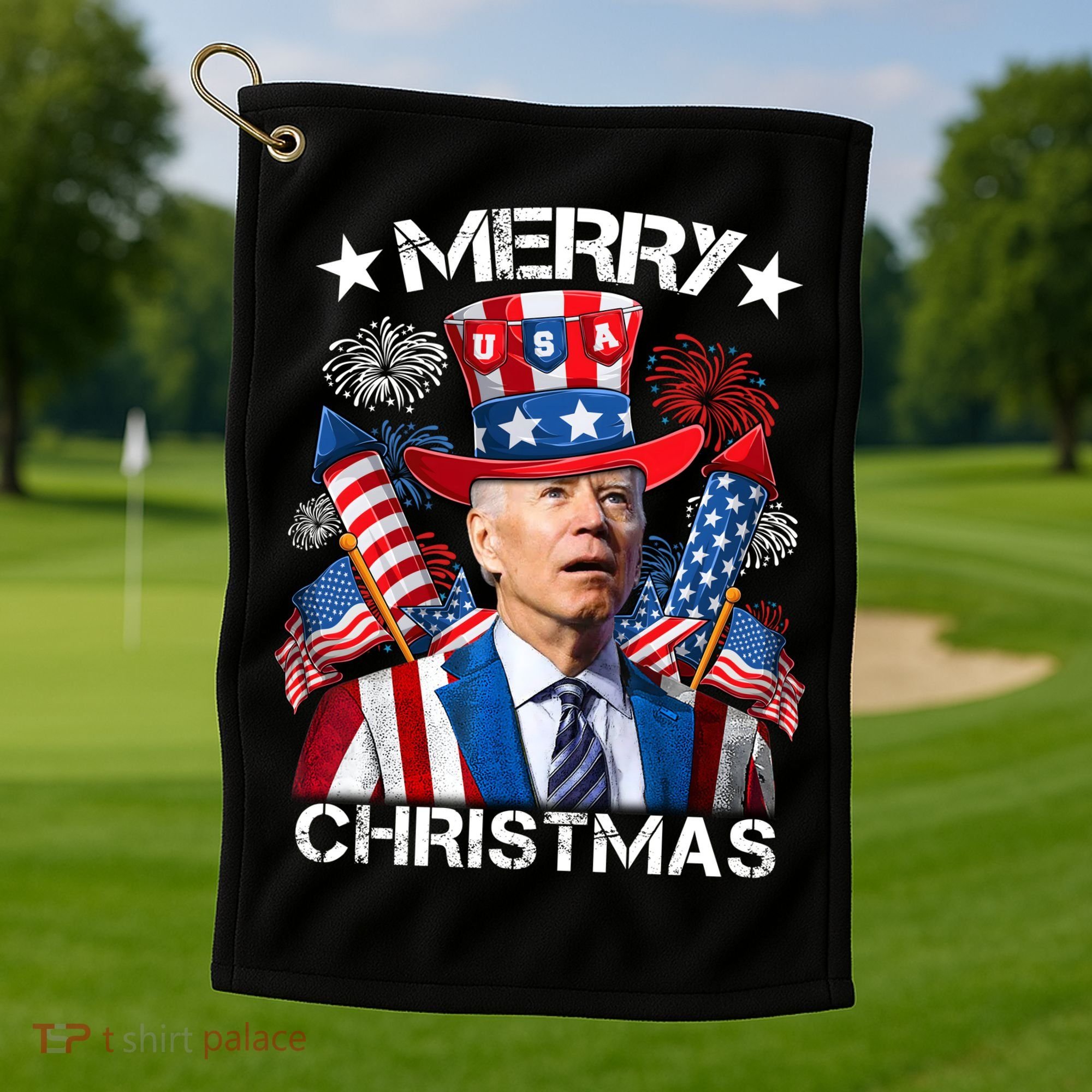 Funny Joe Biden 4th Of July Merry Christmas Firework USA Golf Towel