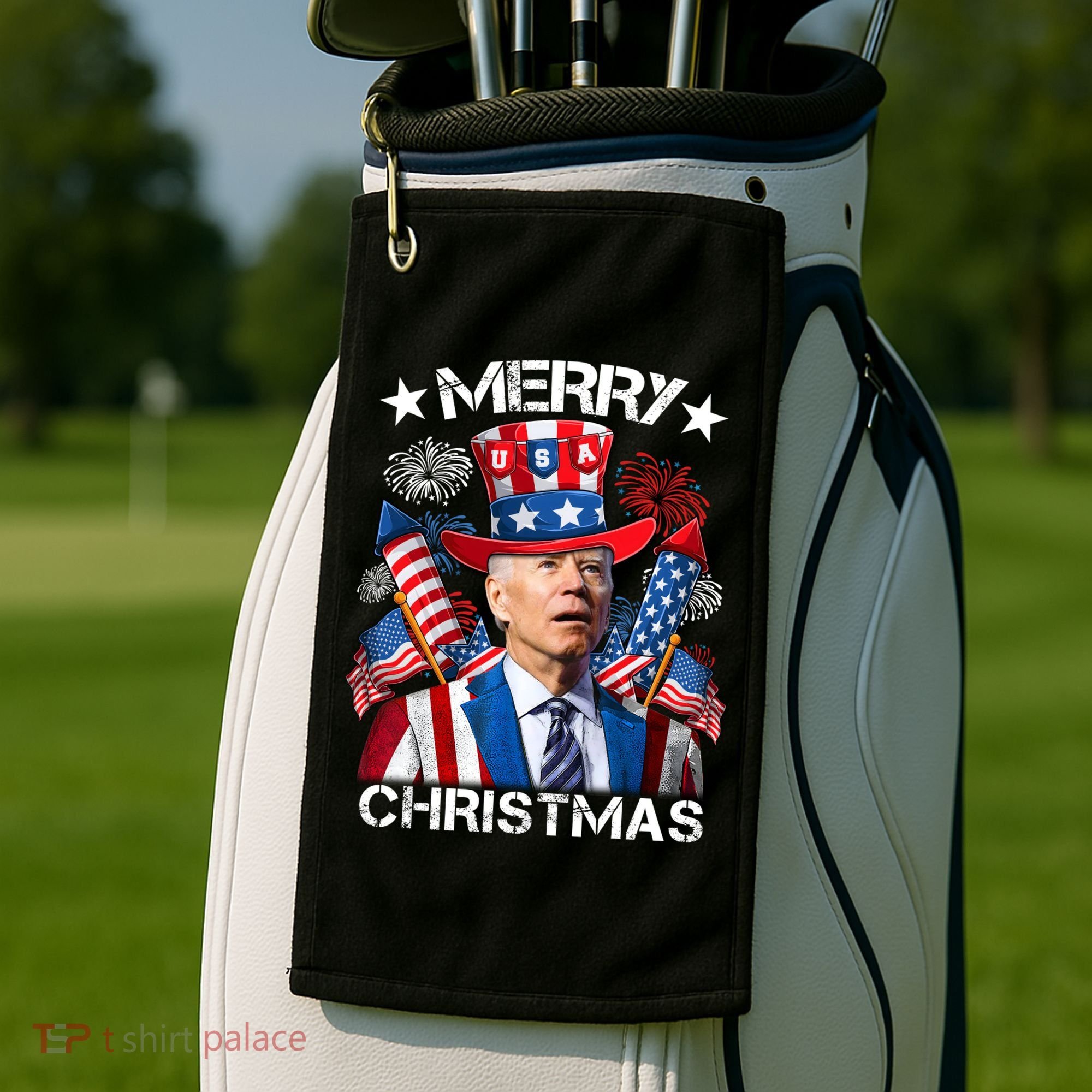 Funny Joe Biden 4th Of July Merry Christmas Firework USA Golf Towel