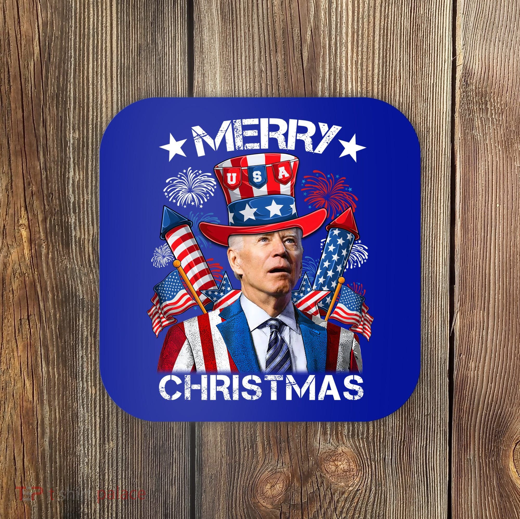 Funny Joe Biden 4th Of July Merry Christmas Firework USA Coaster