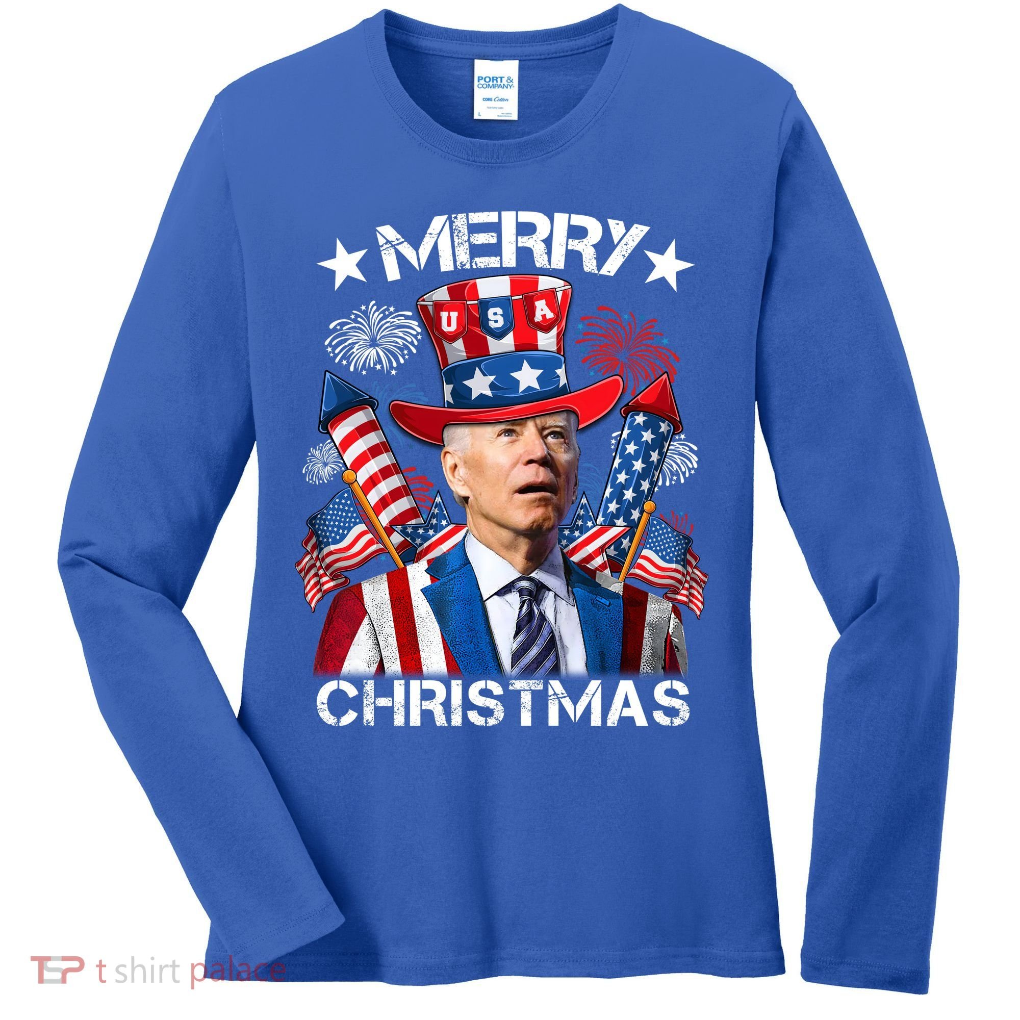 Funny Joe Biden 4th Of July Merry Christmas Firework USA Women's Long Sleeve Shirt