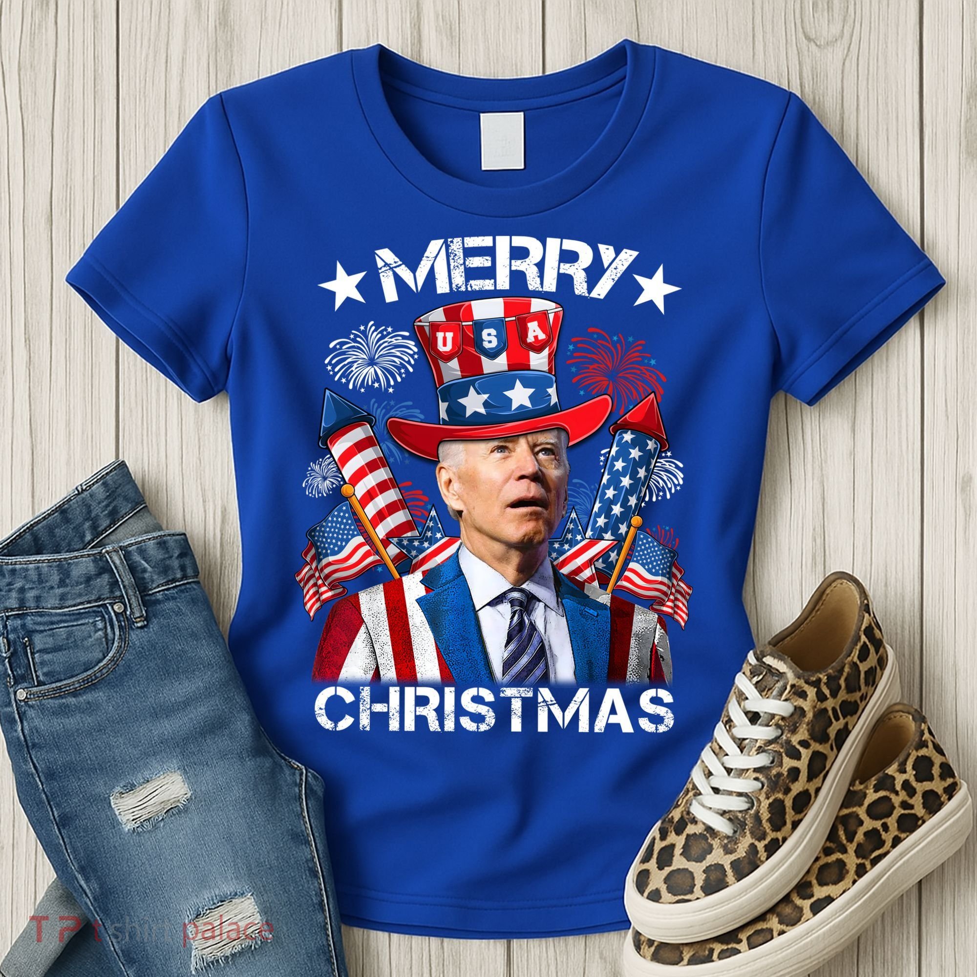 Funny Joe Biden 4th Of July Merry Christmas Firework USA Women's T-Shirt