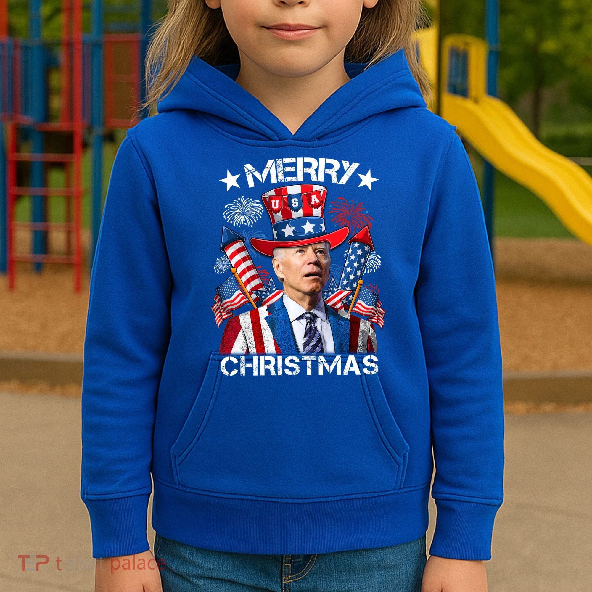 Funny Joe Biden 4th Of July Merry Christmas Firework USA Kids Hoodie