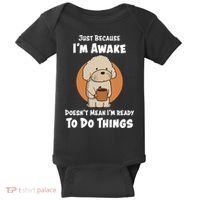 Funny Just Because I’m Awake Cute Doodle Dog with Coffee Baby Bodysuit thumb 0