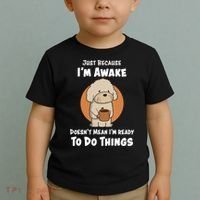 Funny Just Because I’m Awake Cute Doodle Dog with Coffee Toddler T-Shirt thumb 2