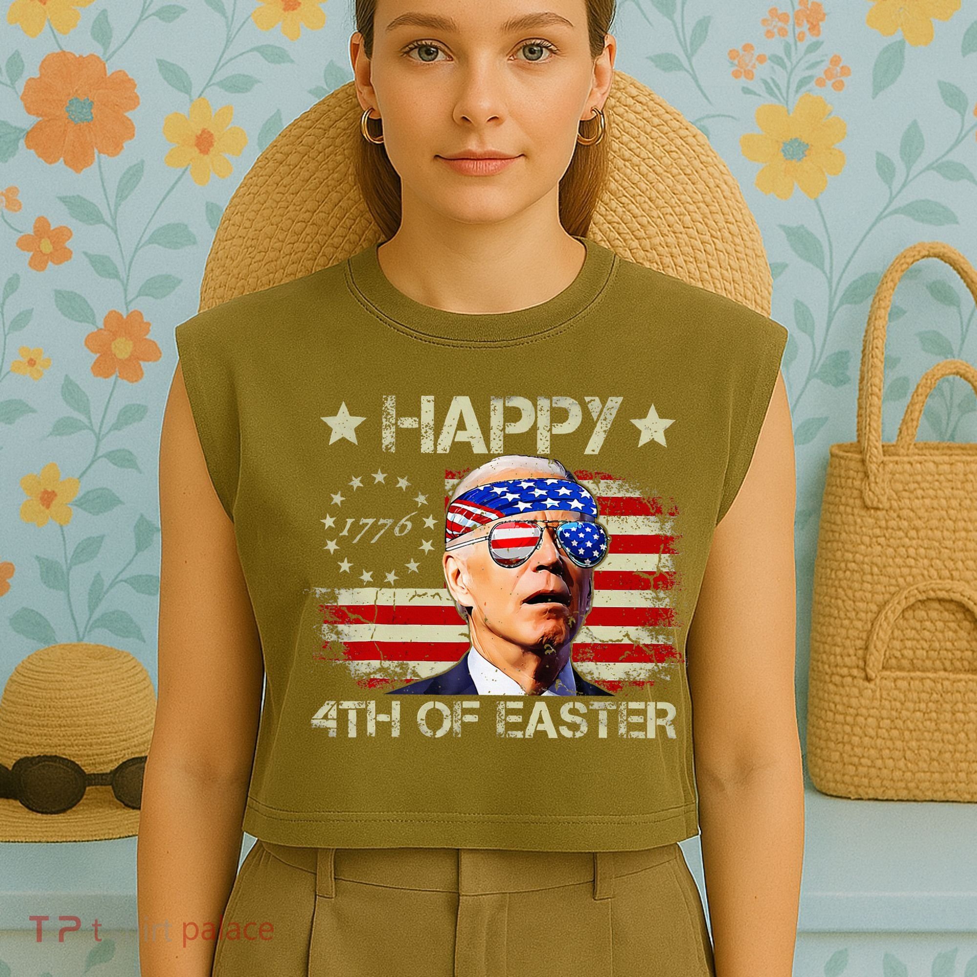 Funny Joe Biden 4th Of July Happy 4th Of Easter Us Flag Garment-Dyed Women's Muscle Tee