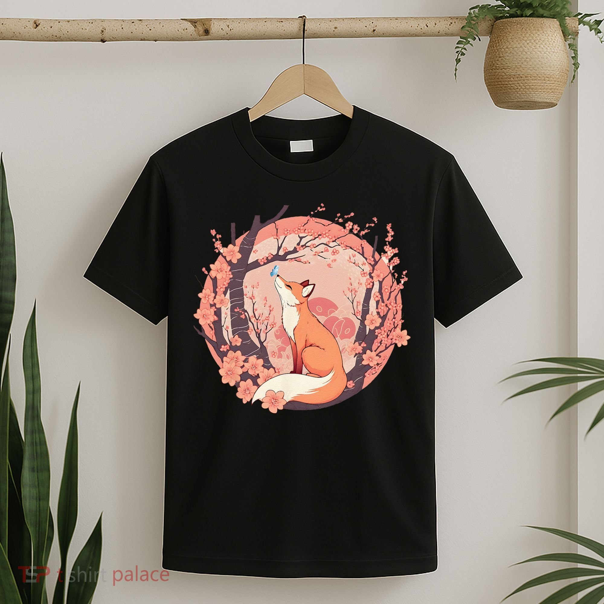 Fox Japanese Cherry Blossom Flower Cute Butterfly Vintage T-Shirt