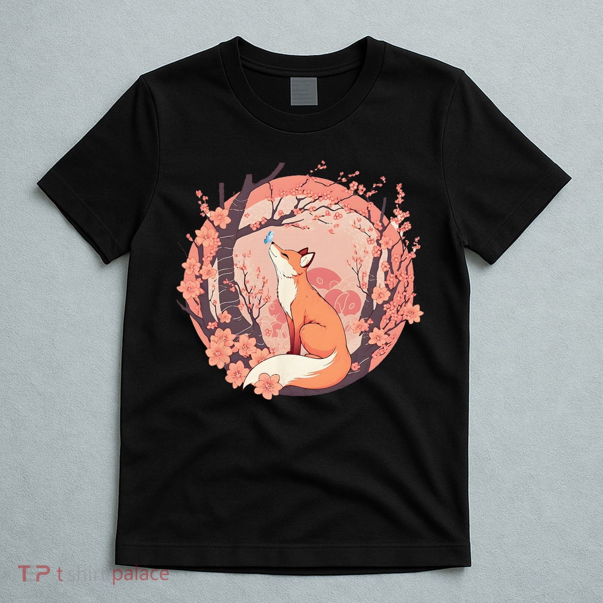 Fox Japanese Cherry Blossom Flower Cute Butterfly Vintage T-Shirt