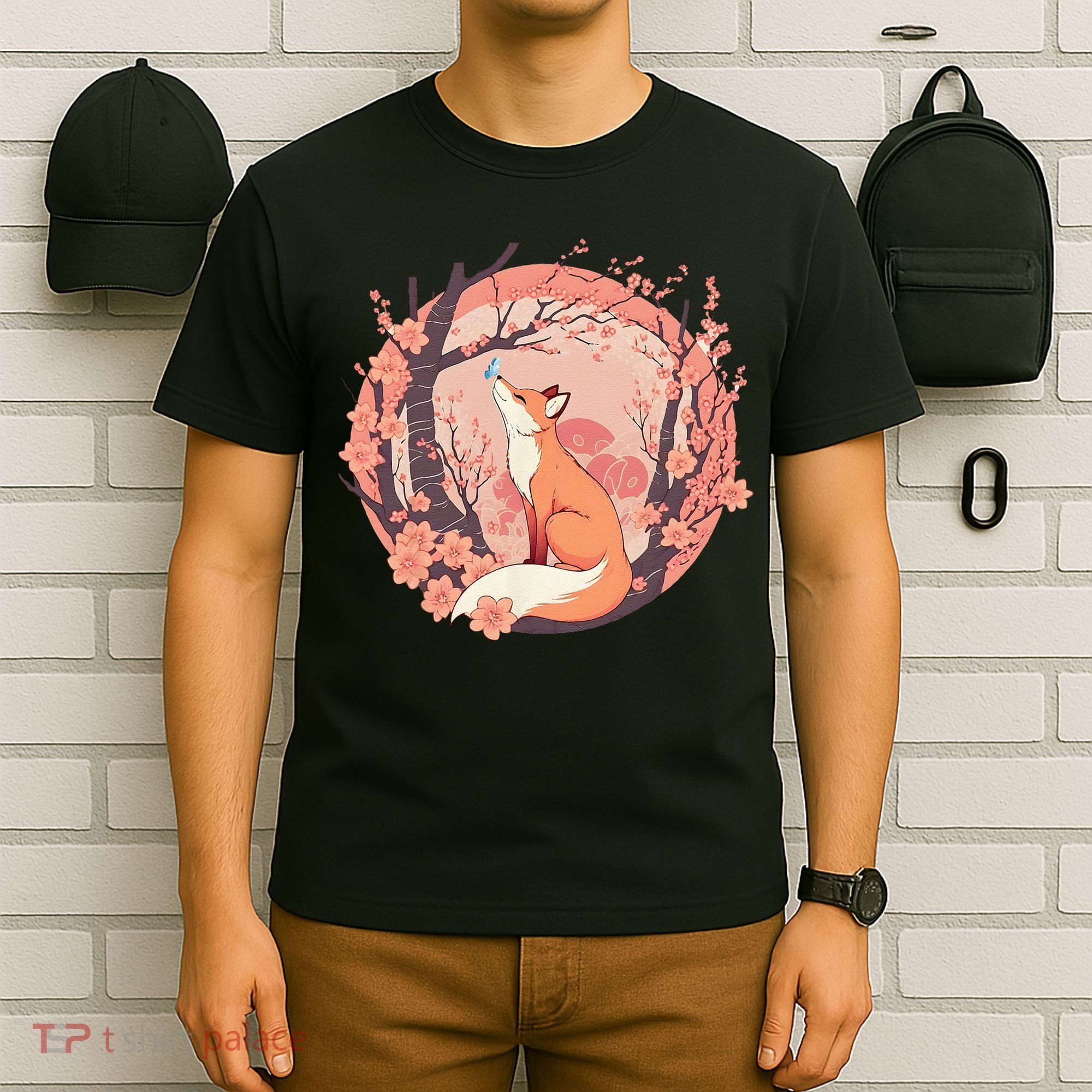 Fox Japanese Cherry Blossom Flower Cute Butterfly Vintage T-Shirt
