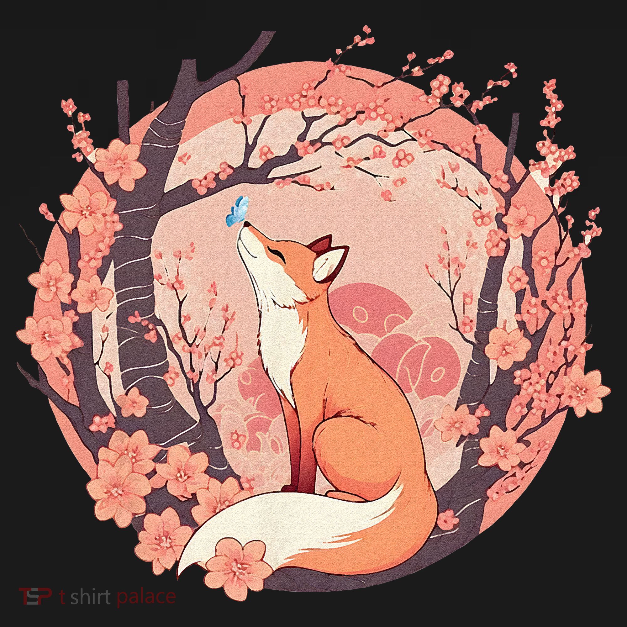 Fox Japanese Cherry Blossom Flower Cute Butterfly Vintage T-Shirt