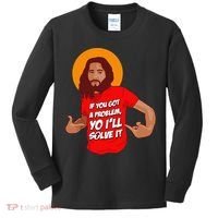 Funny Jesus Christian Meme Yo I'll Solve It Christmas Kids Long Sleeve Shirt thumb 0