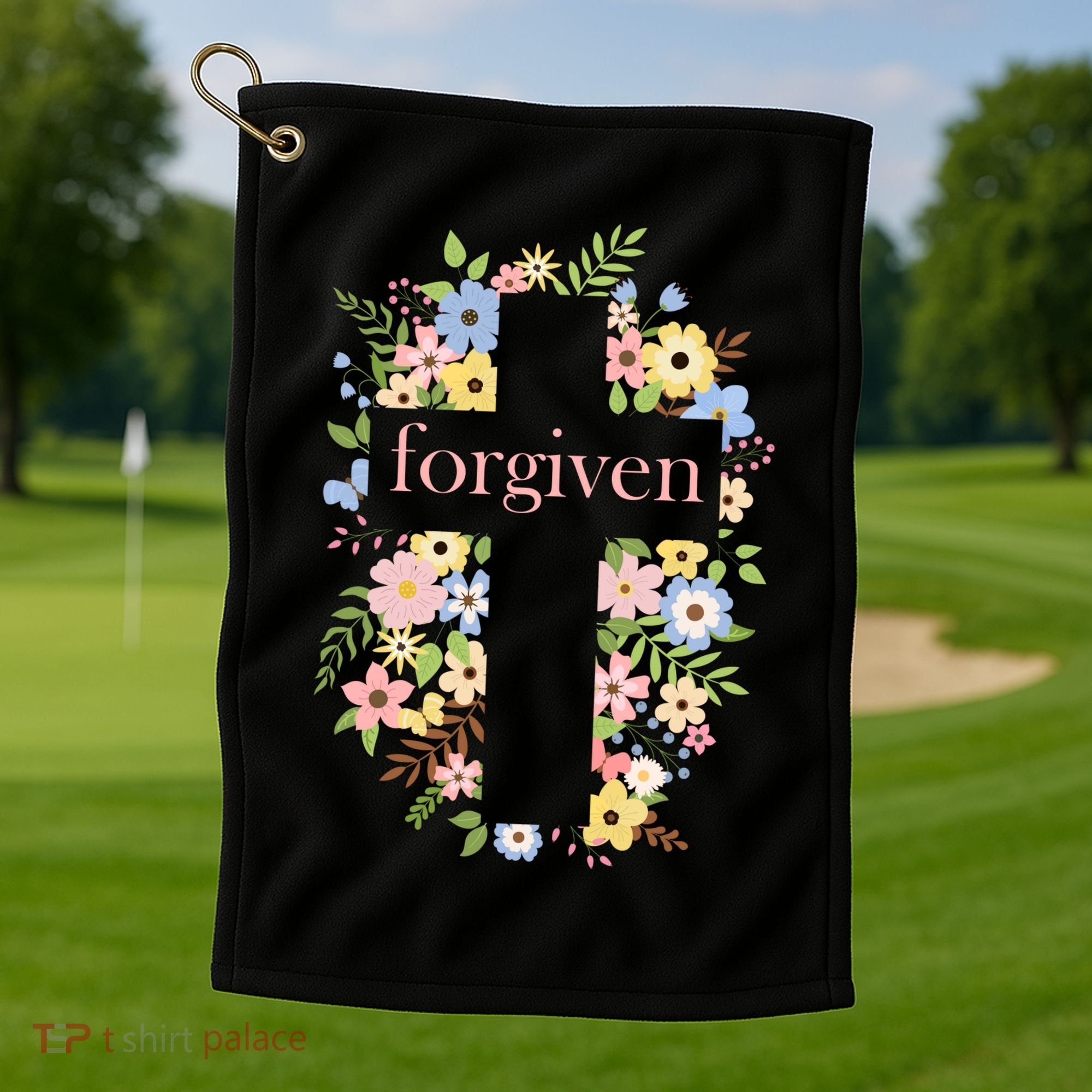 Forgiven Jesus Christ Christian Faith Floral Cross Golf Towel