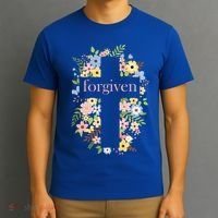 Forgiven Jesus Christ Christian Faith Floral Cross T-Shirt thumb 3