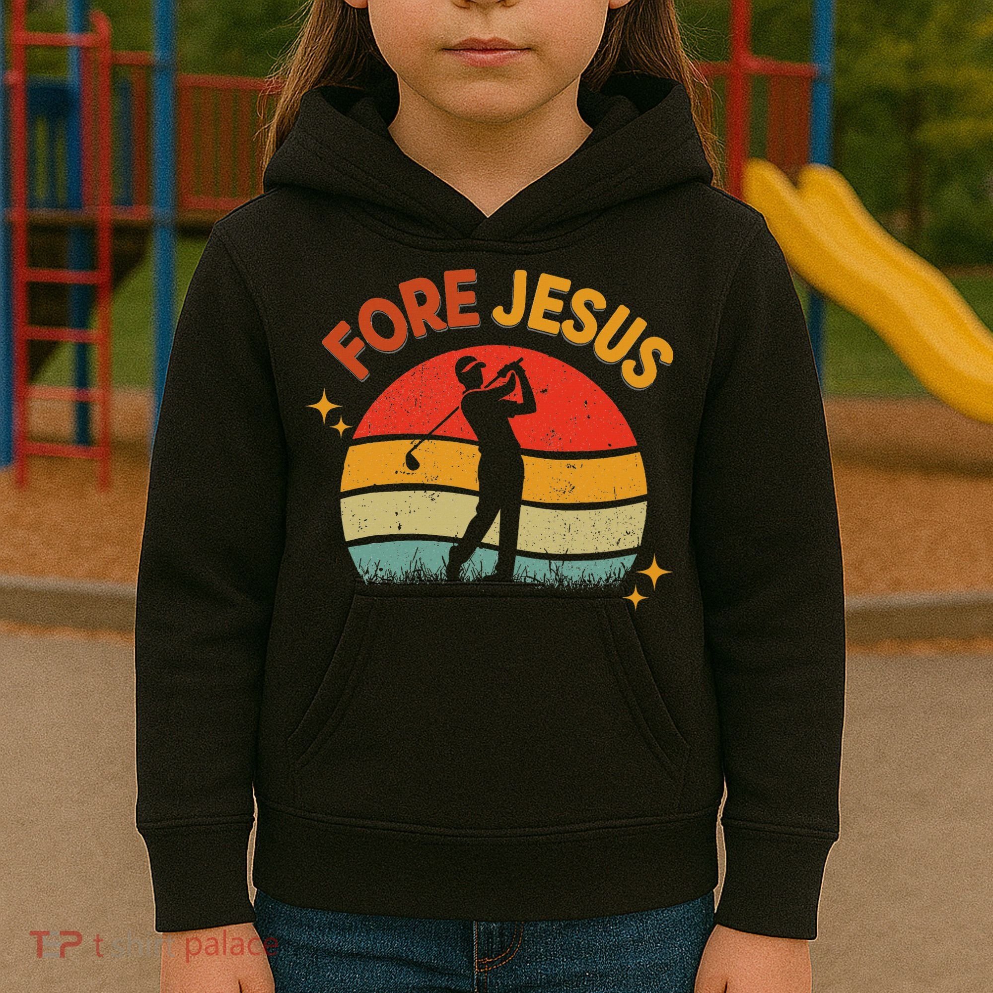 Fore Jesus Christian Golf Retro 70s Religious Golfing 's Kids Hoodie