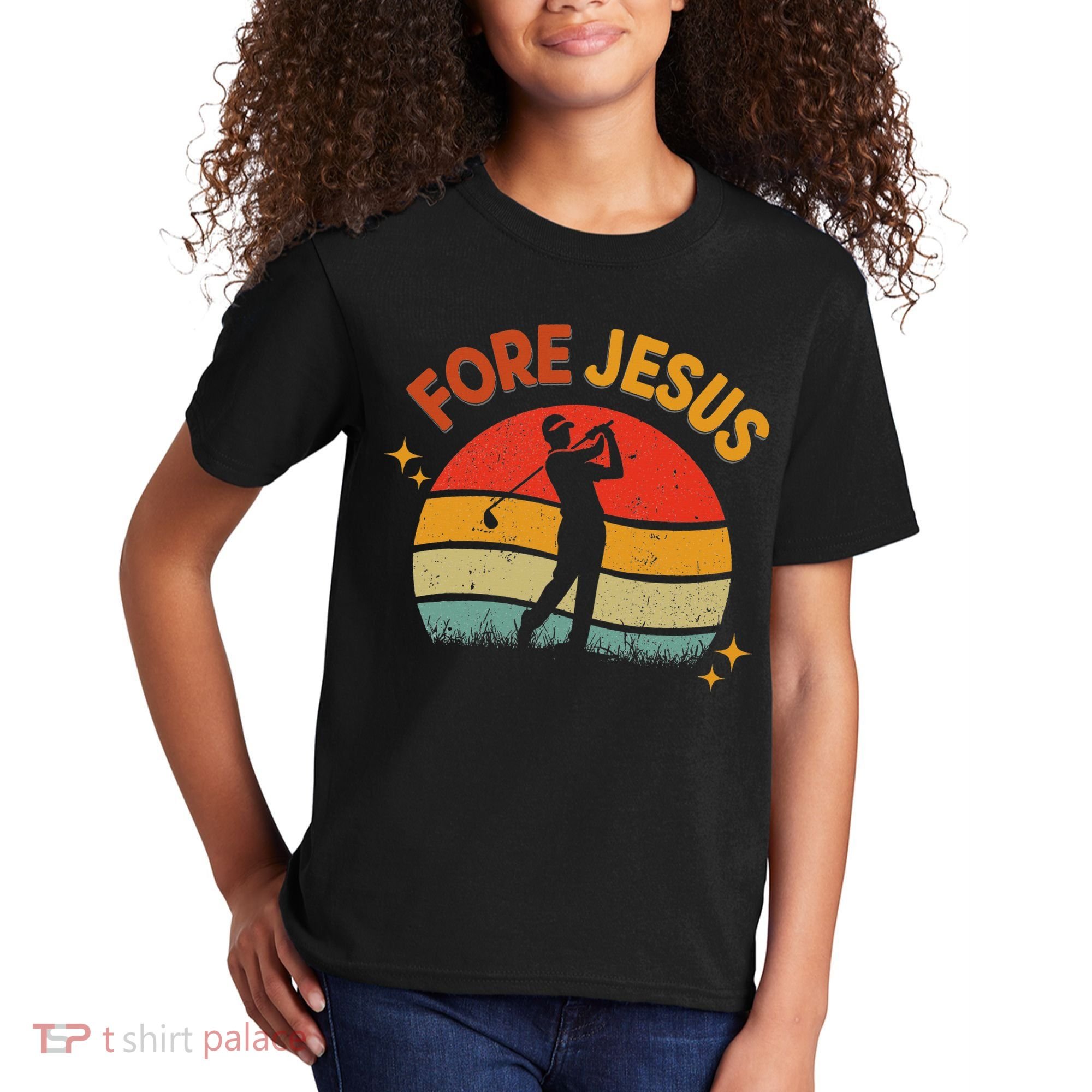 Fore Jesus Christian Golf Retro 70s Religious Golfing 's Kids T-Shirt