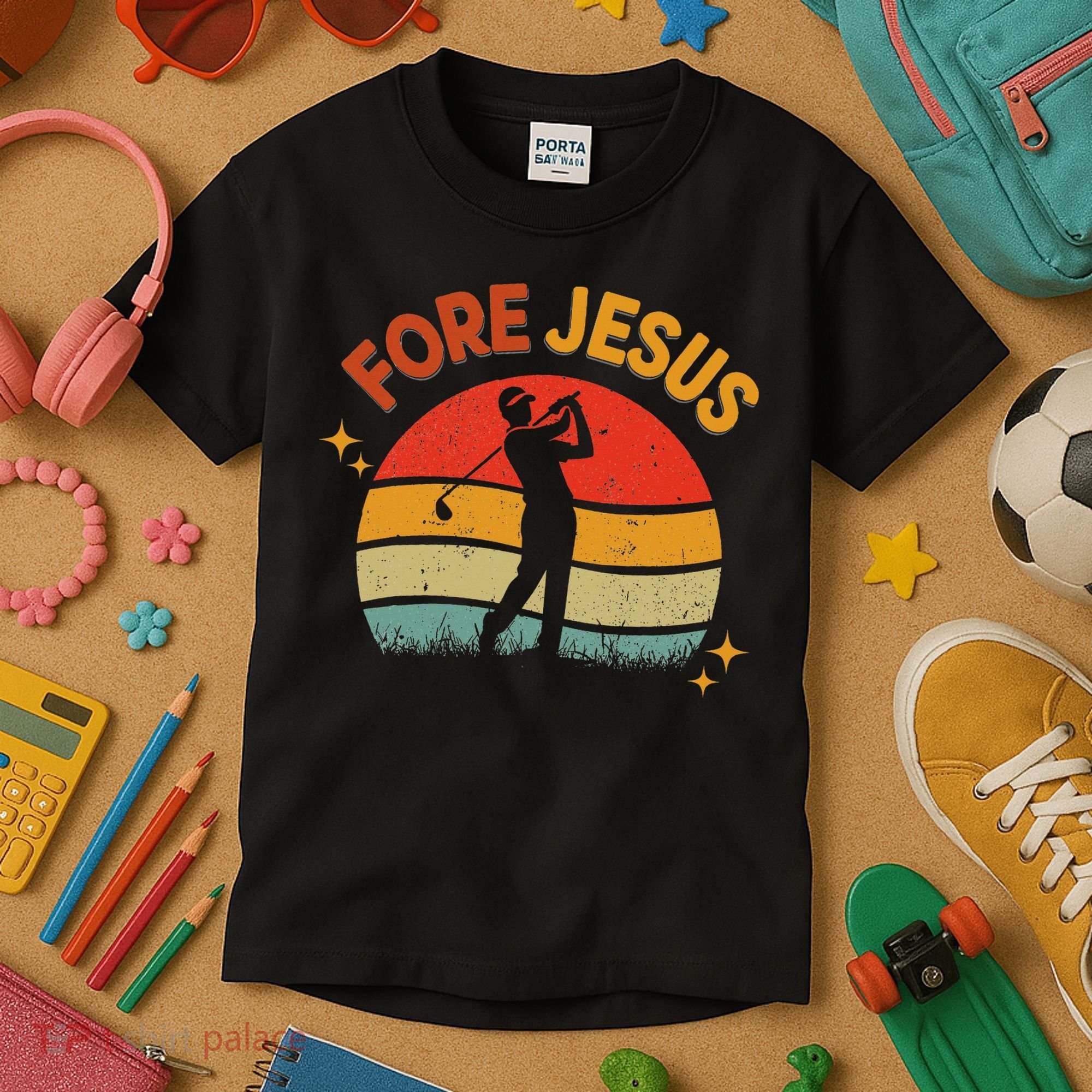 Fore Jesus Christian Golf Retro 70s Religious Golfing 's Kids T-Shirt