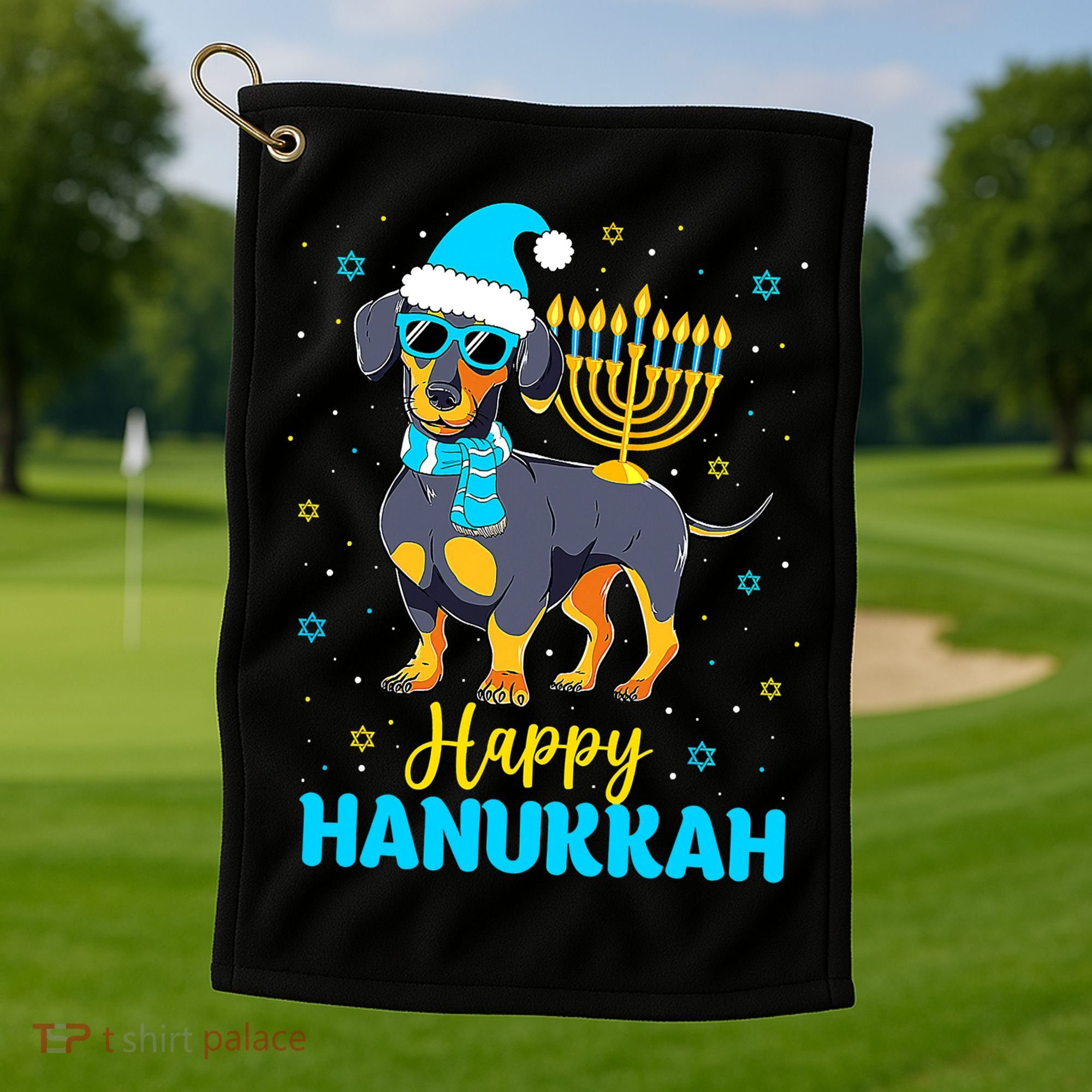 Funny Jewish Dachshund Menorah Happy Hanukkah Chanukah Golf Towel