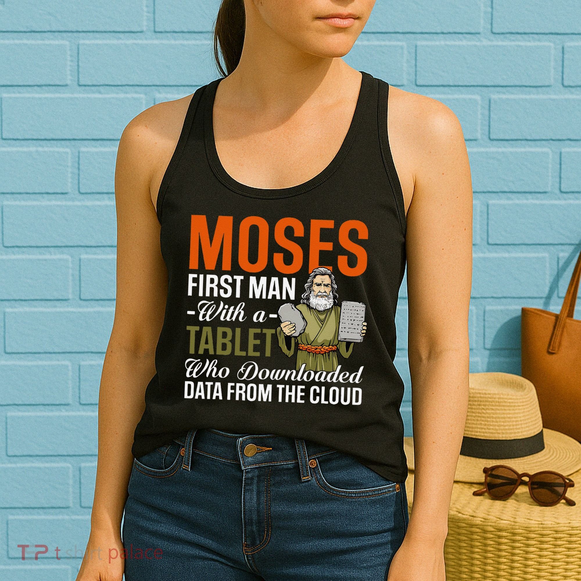 Funny Jewish Passover Moses Tablet Data Cloud Computing Pun Women's Tank Top