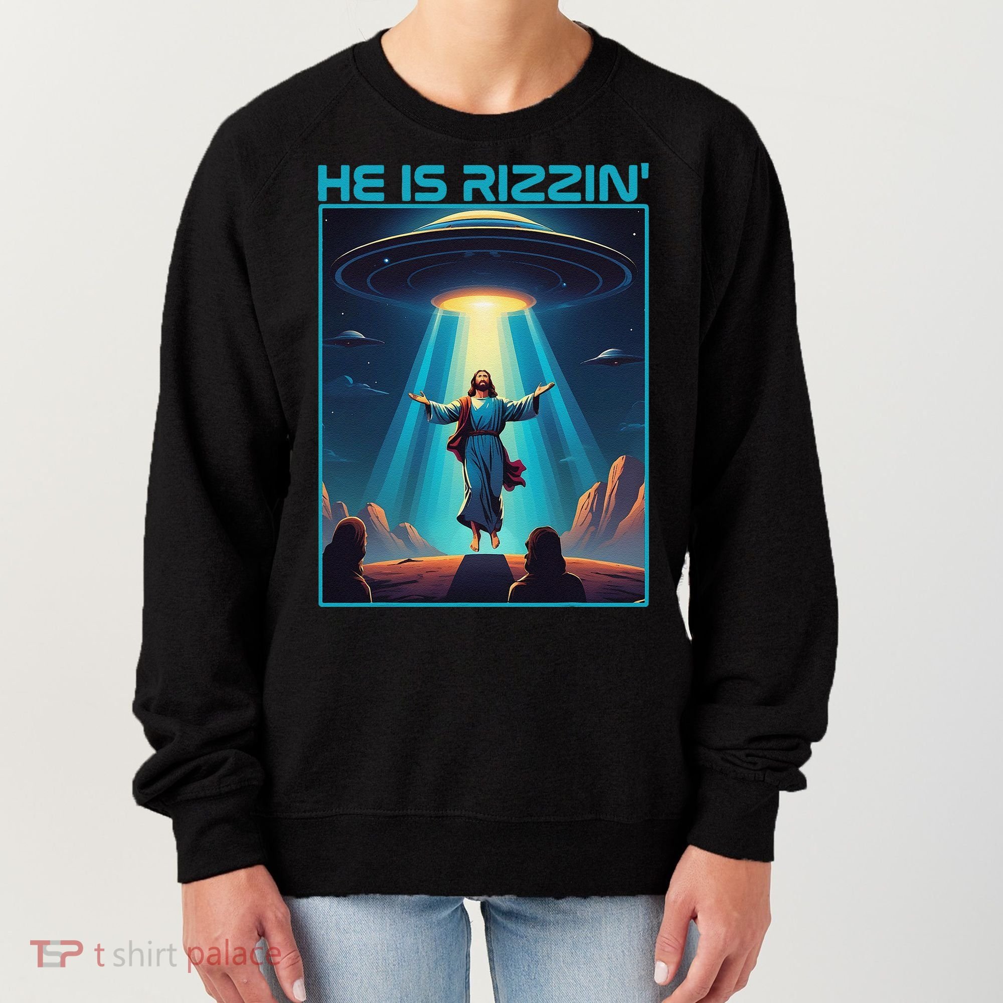 Funny Jesus Rizzin Easter Ufo Alien Abduction Space Christ Women's Sweatshirt