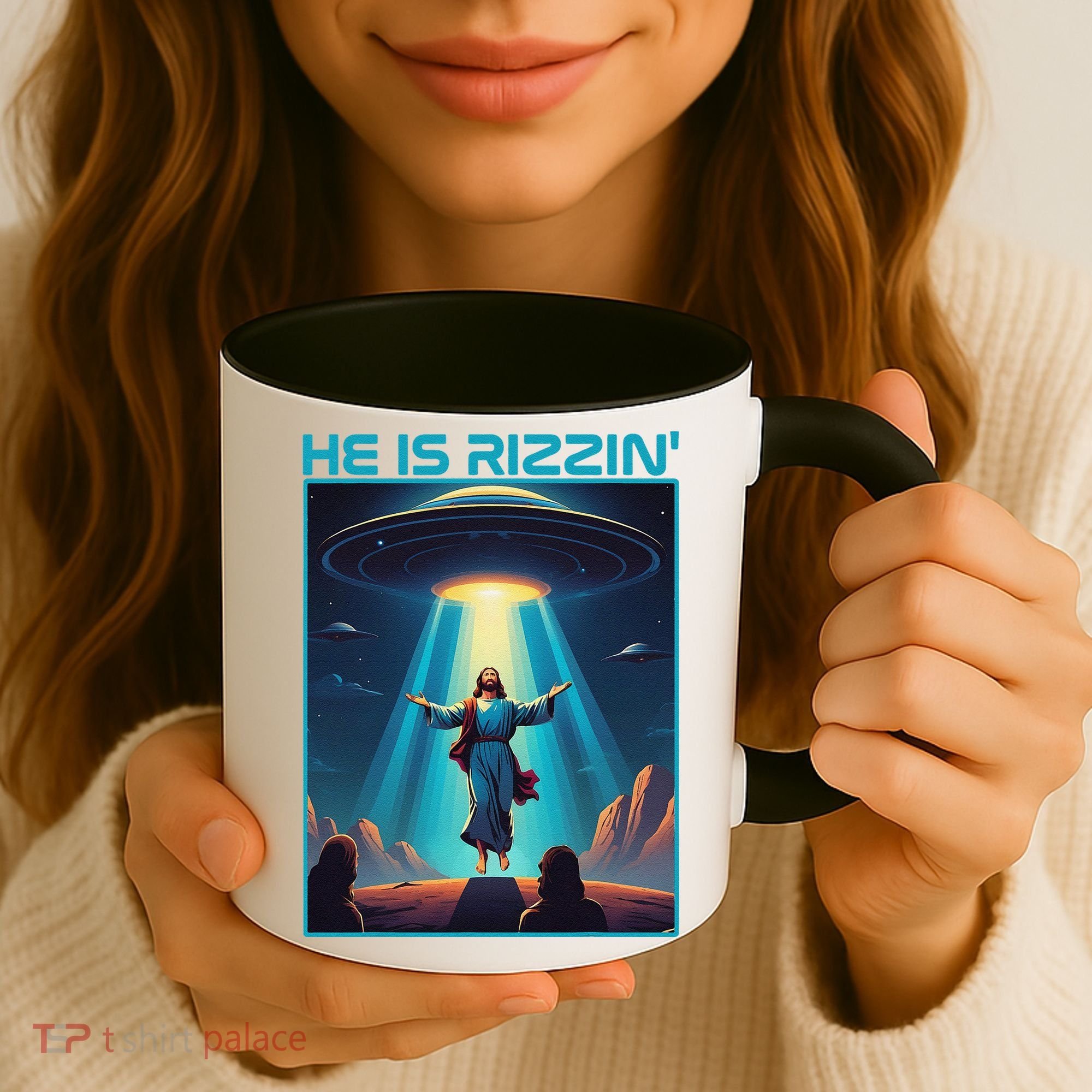Funny Jesus Rizzin Easter Ufo Alien Abduction Space Christ Coffee Mug