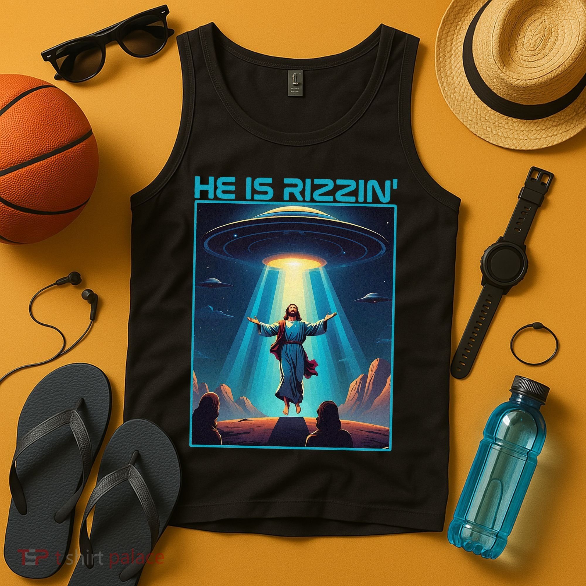 Funny Jesus Rizzin Easter Ufo Alien Abduction Space Christ Tank Top