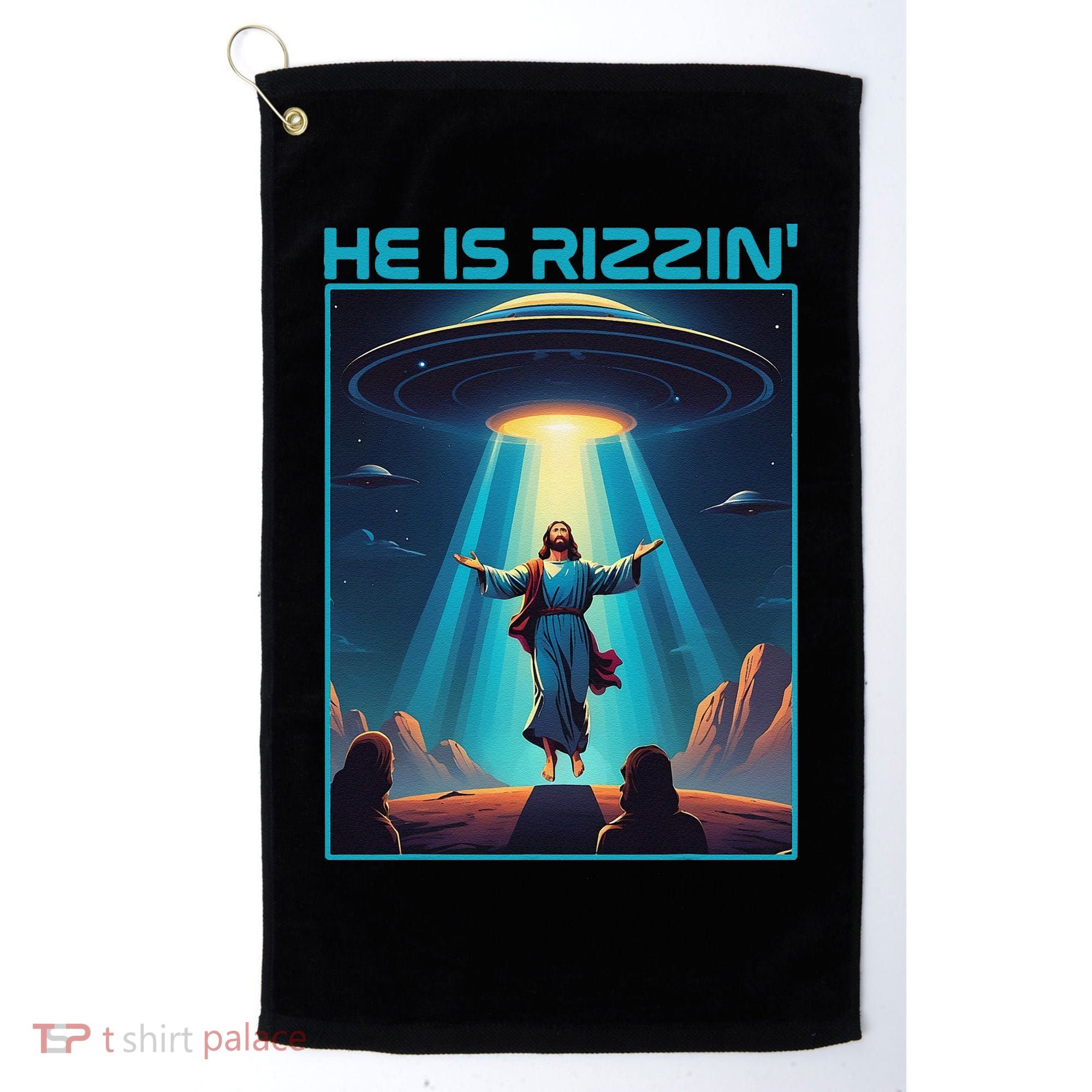 Funny Jesus Rizzin Easter Ufo Alien Abduction Space Christ Golf Towel