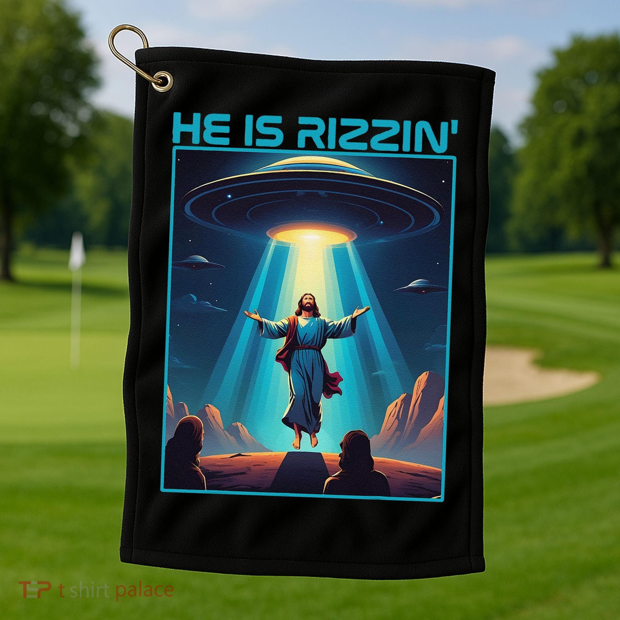Funny Jesus Rizzin Easter Ufo Alien Abduction Space Christ Golf Towel