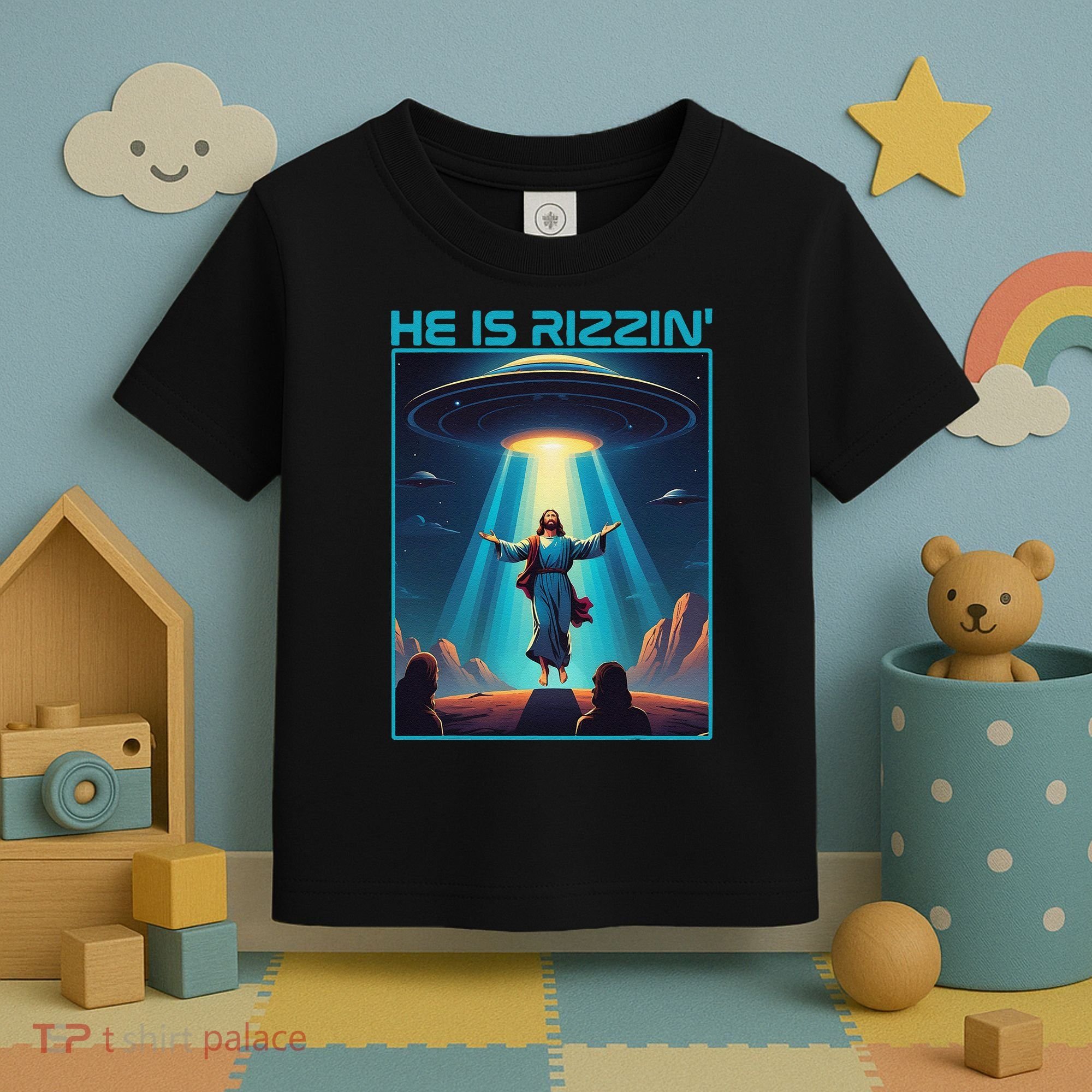 Funny Jesus Rizzin Easter Ufo Alien Abduction Space Christ Toddler T-Shirt
