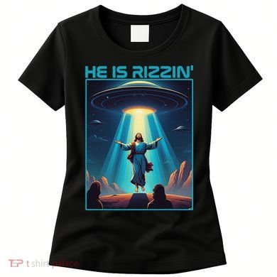 Funny Jesus Rizzin Easter Ufo Alien Abduction Space Christ Women's T-Shirt