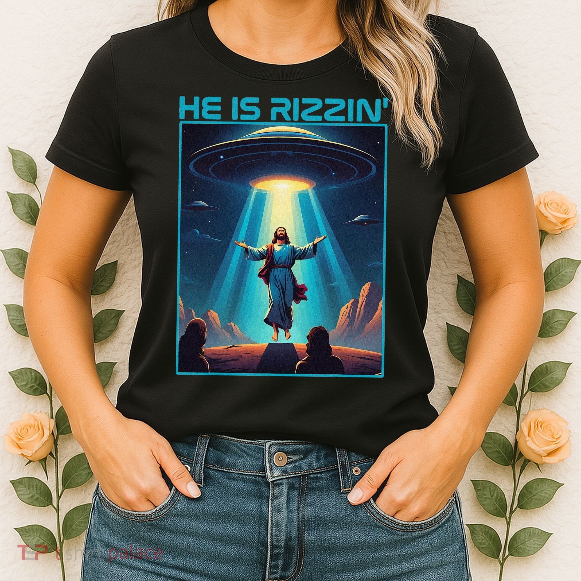 Funny Jesus Rizzin Easter Ufo Alien Abduction Space Christ Women's T-Shirt