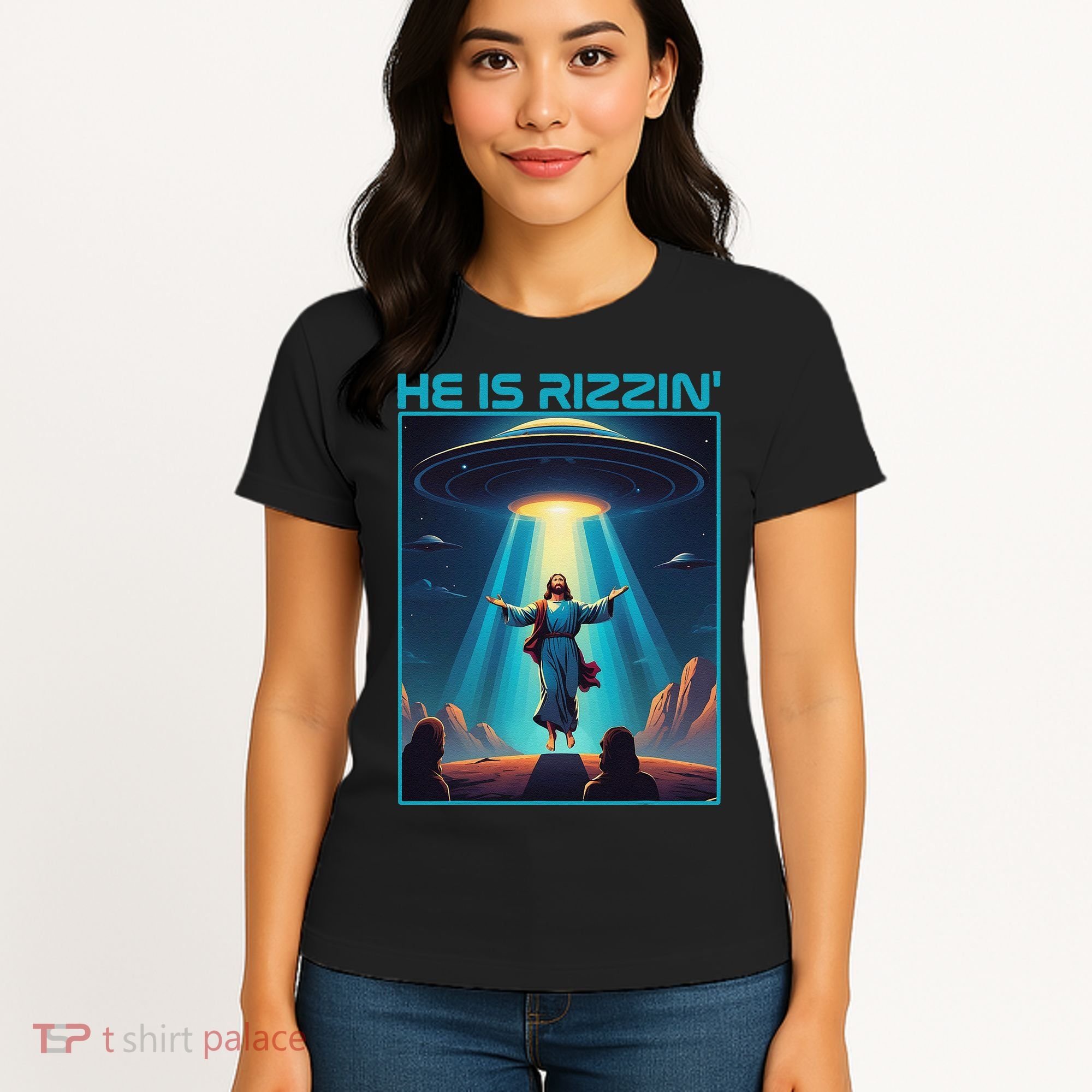 Funny Jesus Rizzin Easter Ufo Alien Abduction Space Christ Women's T-Shirt