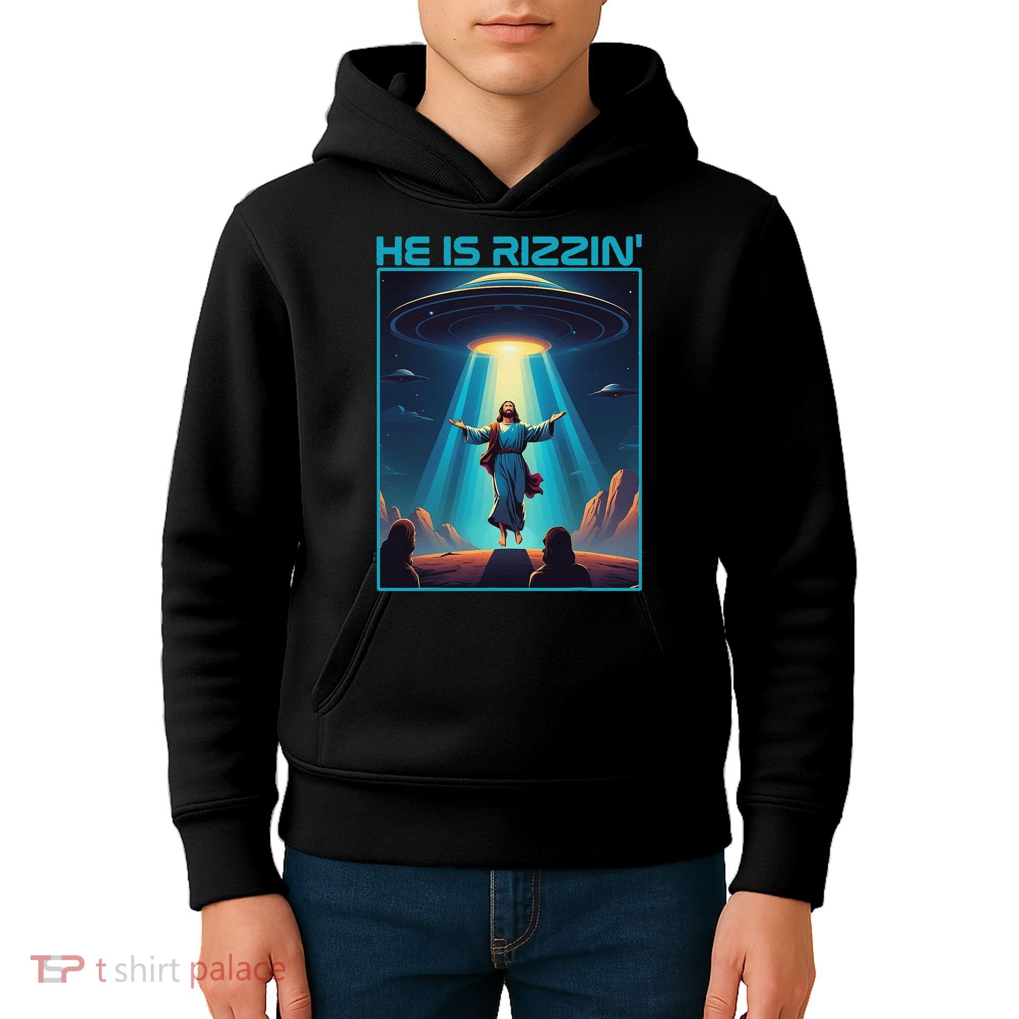 Funny Jesus Rizzin Easter Ufo Alien Abduction Space Christ Kids Hoodie