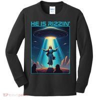 Funny Jesus Rizzin Easter Ufo Alien Abduction Space Christ Kids Long Sleeve Shirt thumb 0